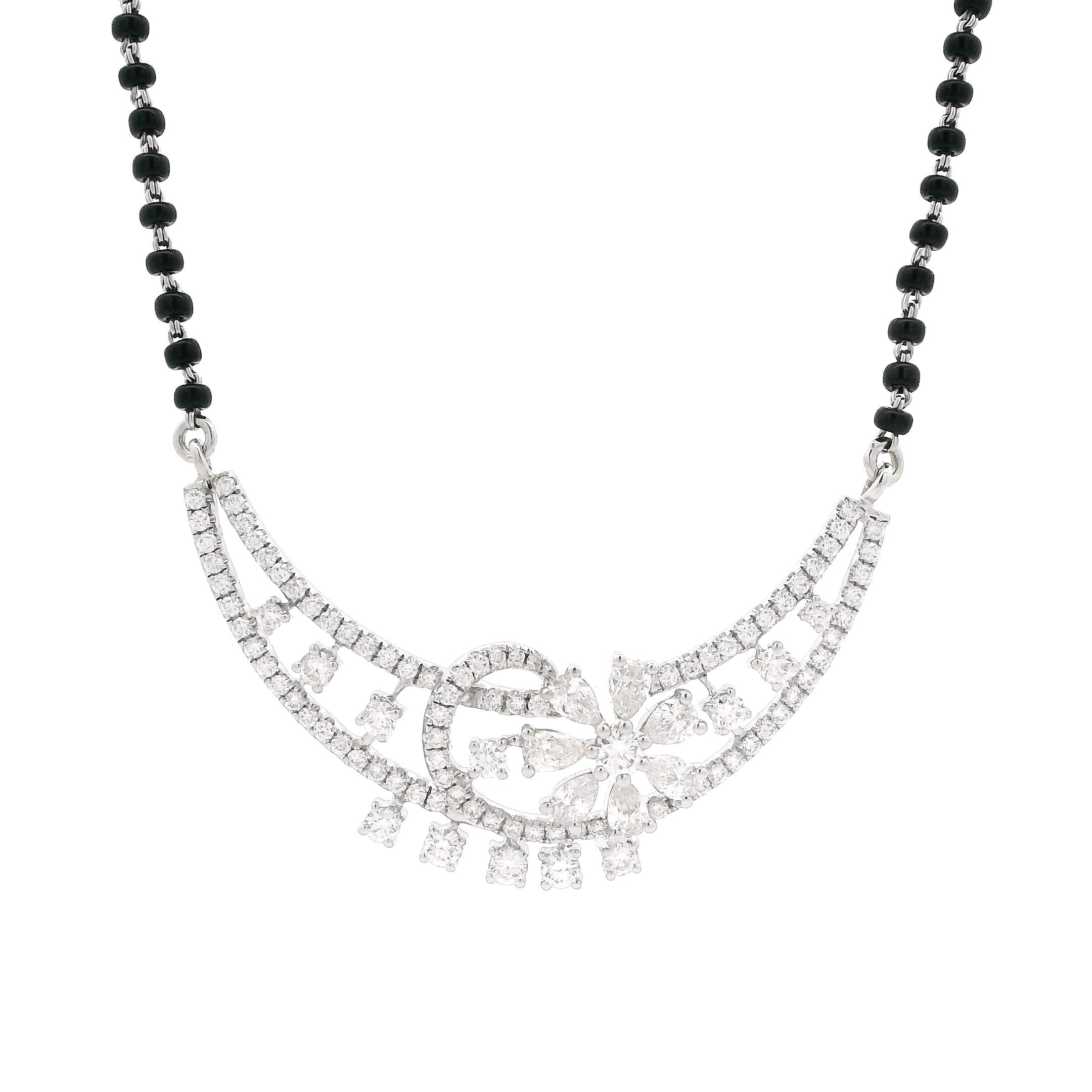 18ct White Gold Diamond Mangalsutra – Traditional Floral Centre with Modern Diamond Curve