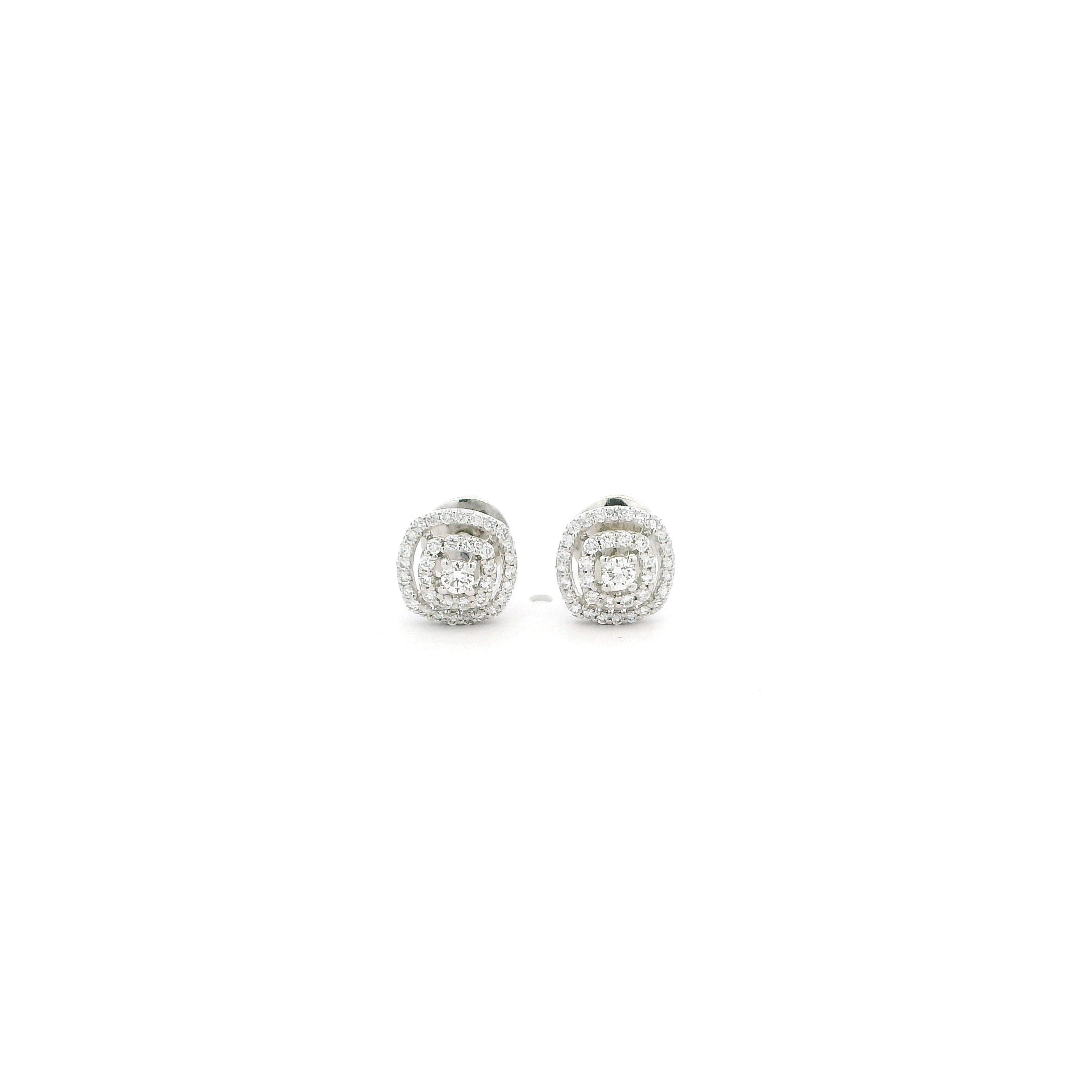 18ct White Gold Diamond Stud Earrings – Square Cushion Halo with Screw Back Fitting