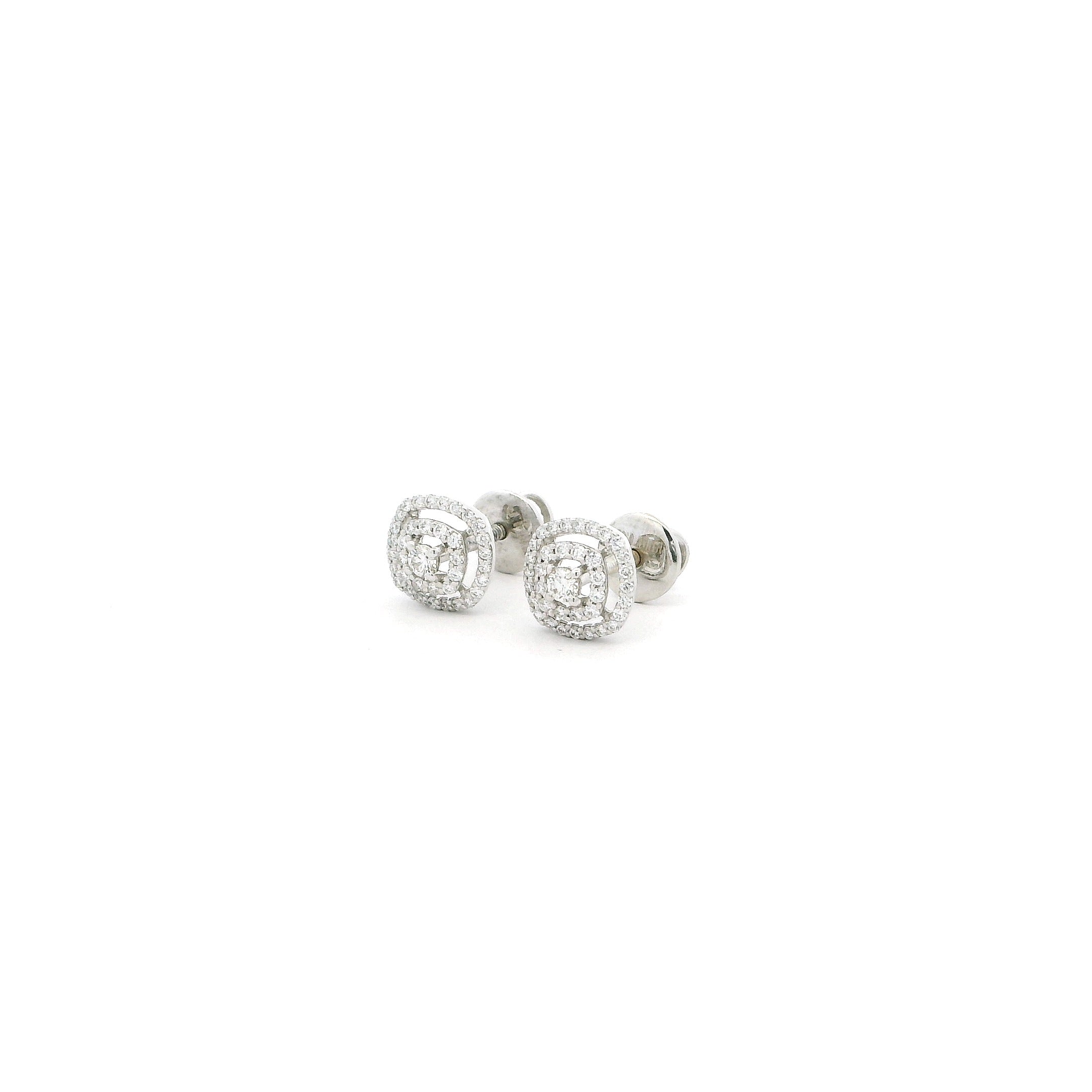 18ct White Gold Diamond Stud Earrings – Square Cushion Halo with Screw Back Fitting