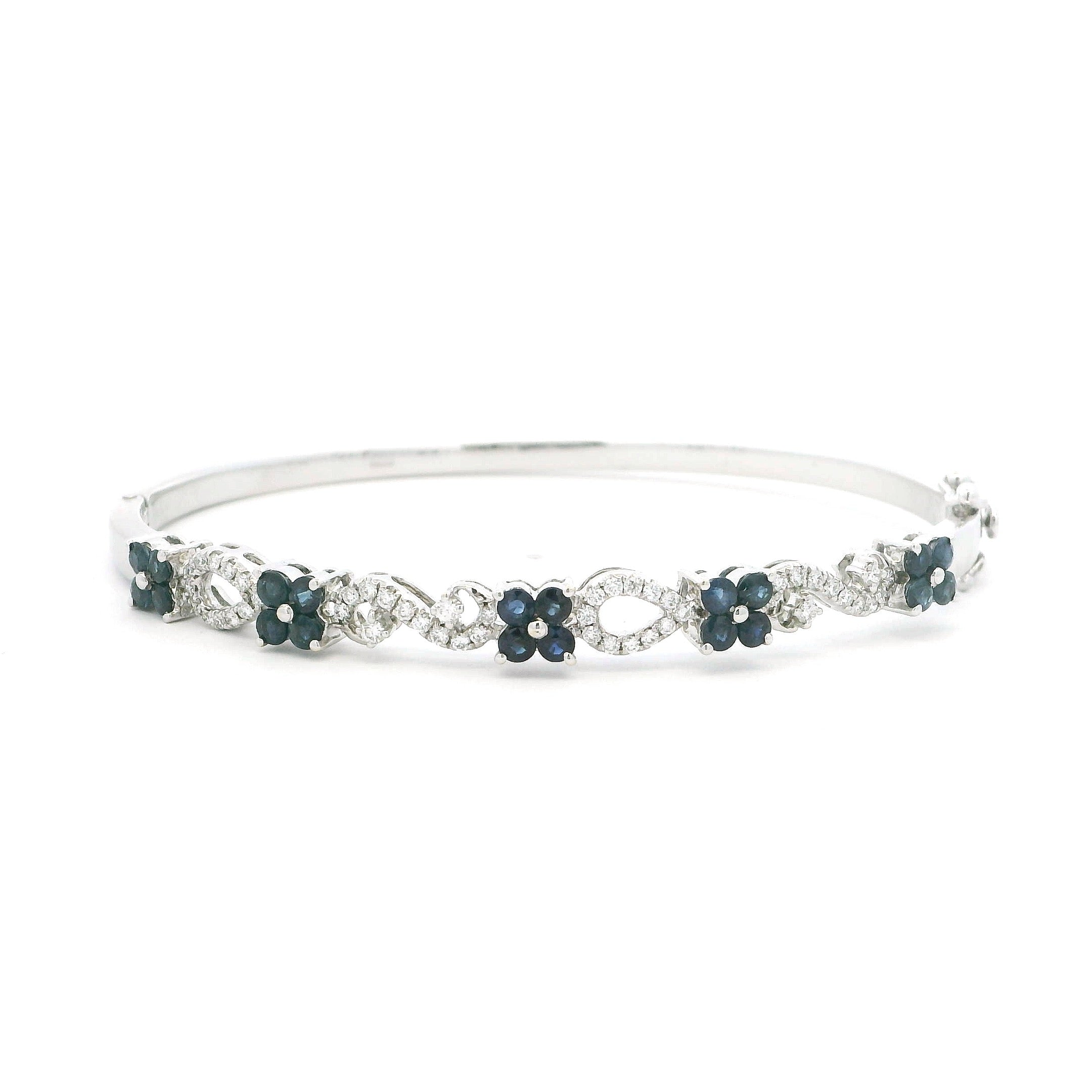 18ct White Gold Elegant Diamond and Sapphire Floral Bangle