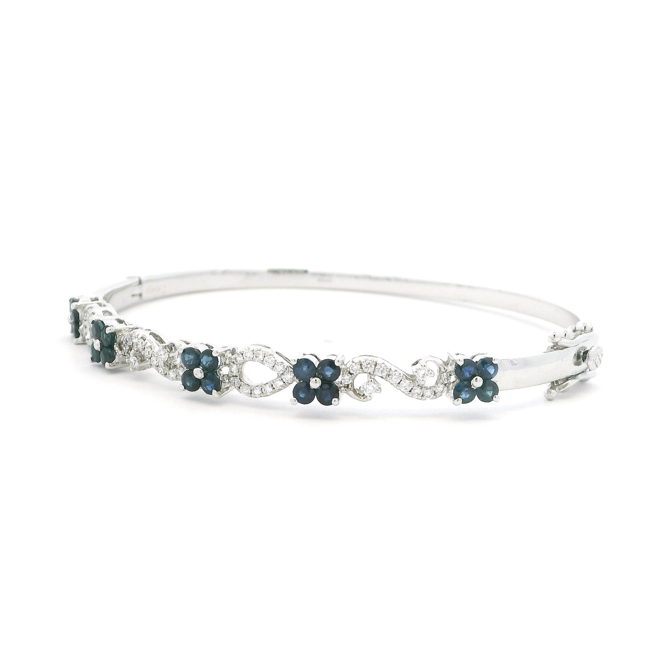 18ct White Gold Elegant Diamond and Sapphire Floral Bangle