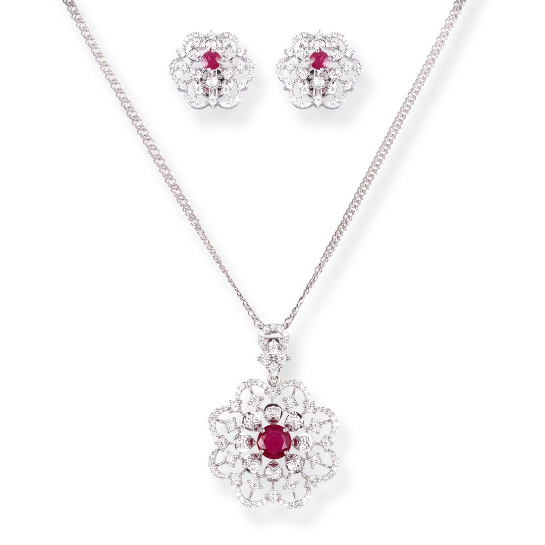 18ct White Gold Pendant & Earrings Set with Ruby and Diamond Floral Design – Luxury Women’s Jewellery