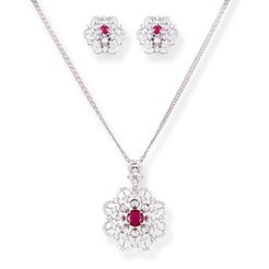 18ct White Gold Pendant & Earrings Set with Ruby and Diamond Floral Design – Luxury Women’s Jewellery
