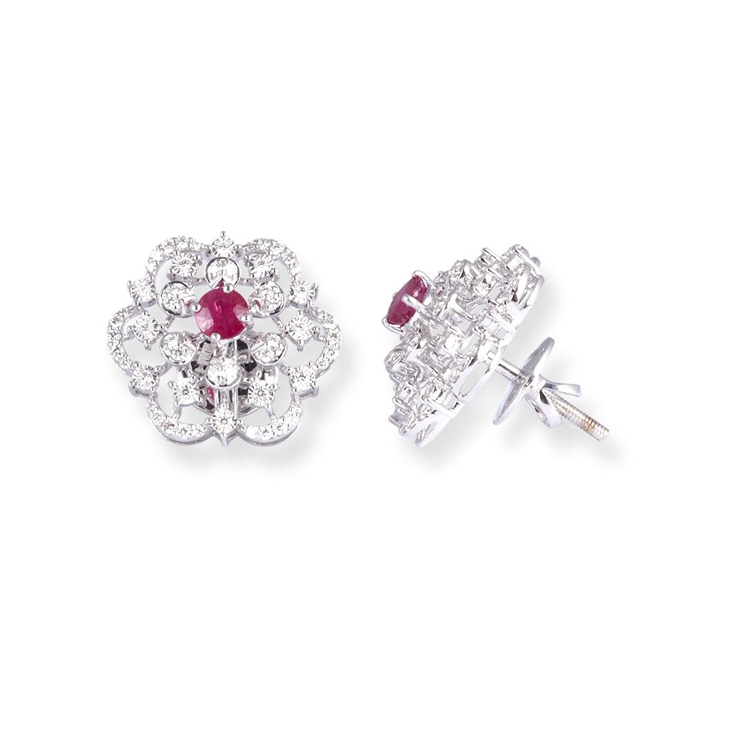 18ct White Gold Pendant & Earrings Set with Ruby and Diamond Floral Design – Luxury Women’s Jewellery