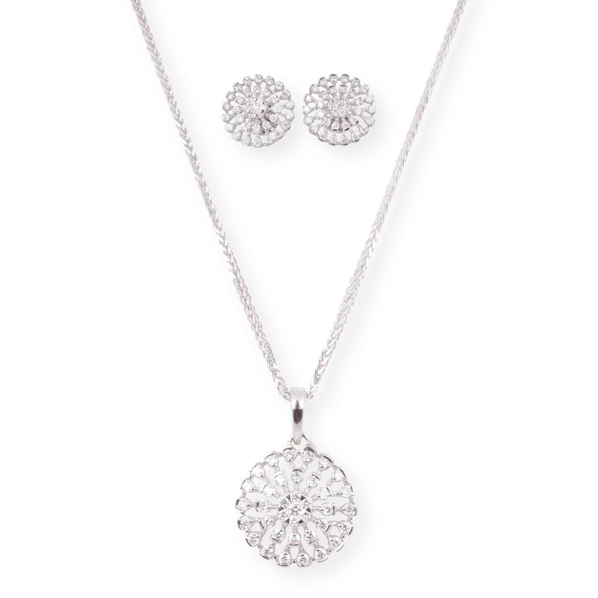 18ct White Gold Round Pendant and Earrings Set with Diamond Cluster Design
