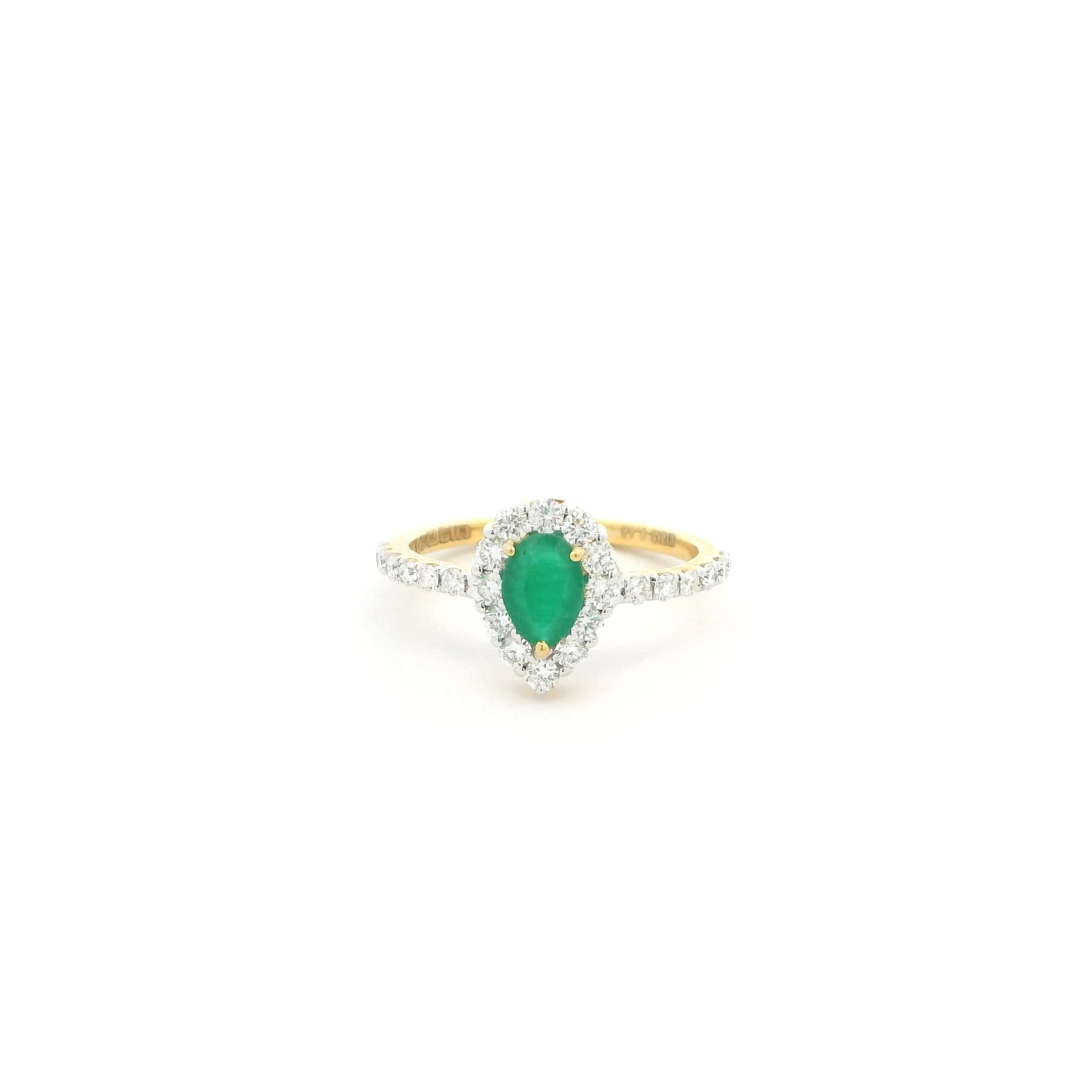 18ct Yellow Gold Pear-Shaped Emerald and Diamond Halo Ring – Timeless Elegance with Premium Craftsmanship | Size K