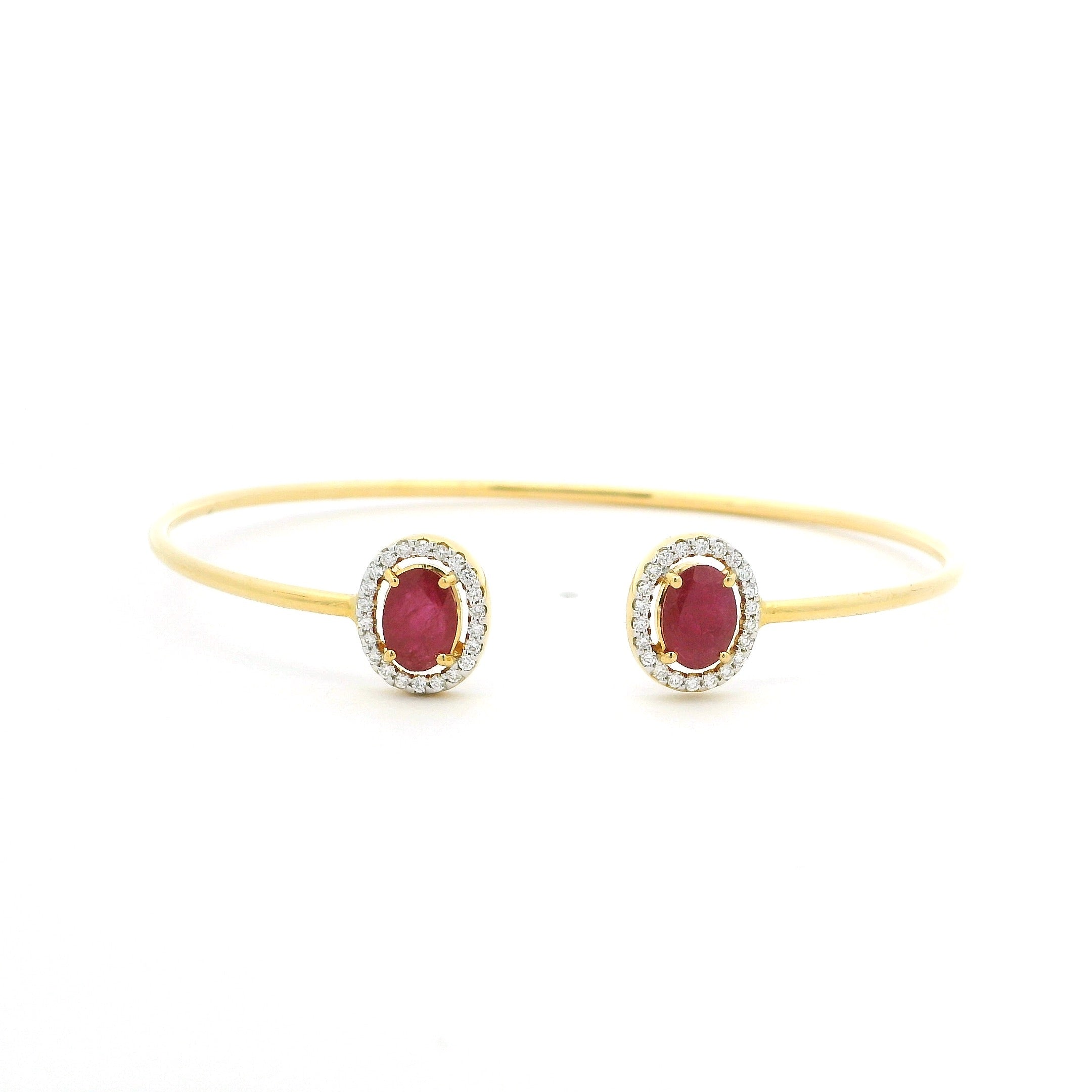 18ct Yellow Gold Ruby & Diamond Cuff Bangle – Minimal Open Design with Halo Ends