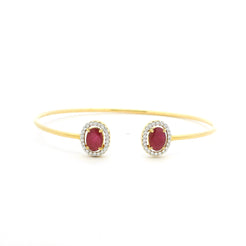 18ct Yellow Gold Ruby & Diamond Cuff Bangle – Minimal Open Design with Halo Ends