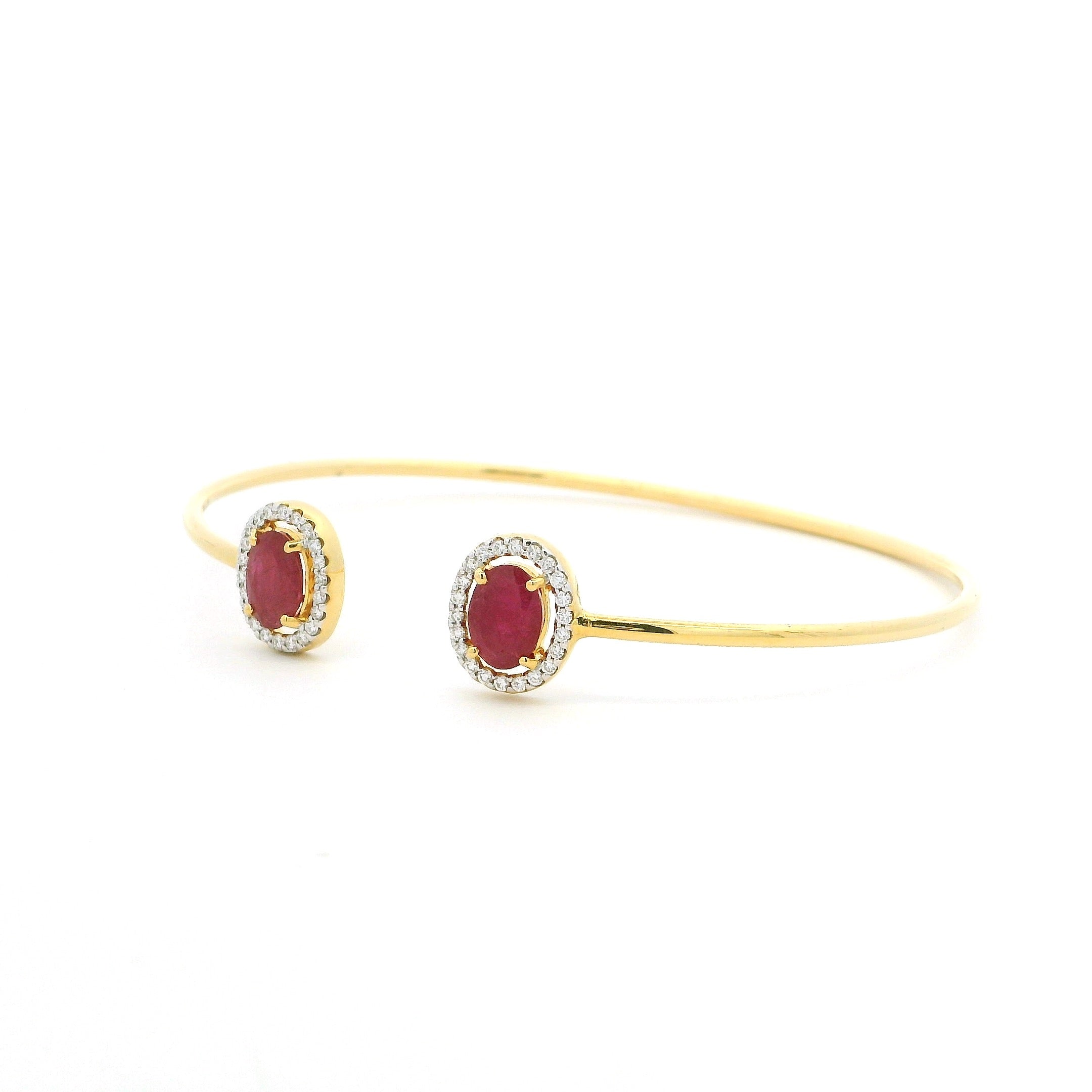 18ct Yellow Gold Ruby & Diamond Cuff Bangle – Minimal Open Design with Halo Ends