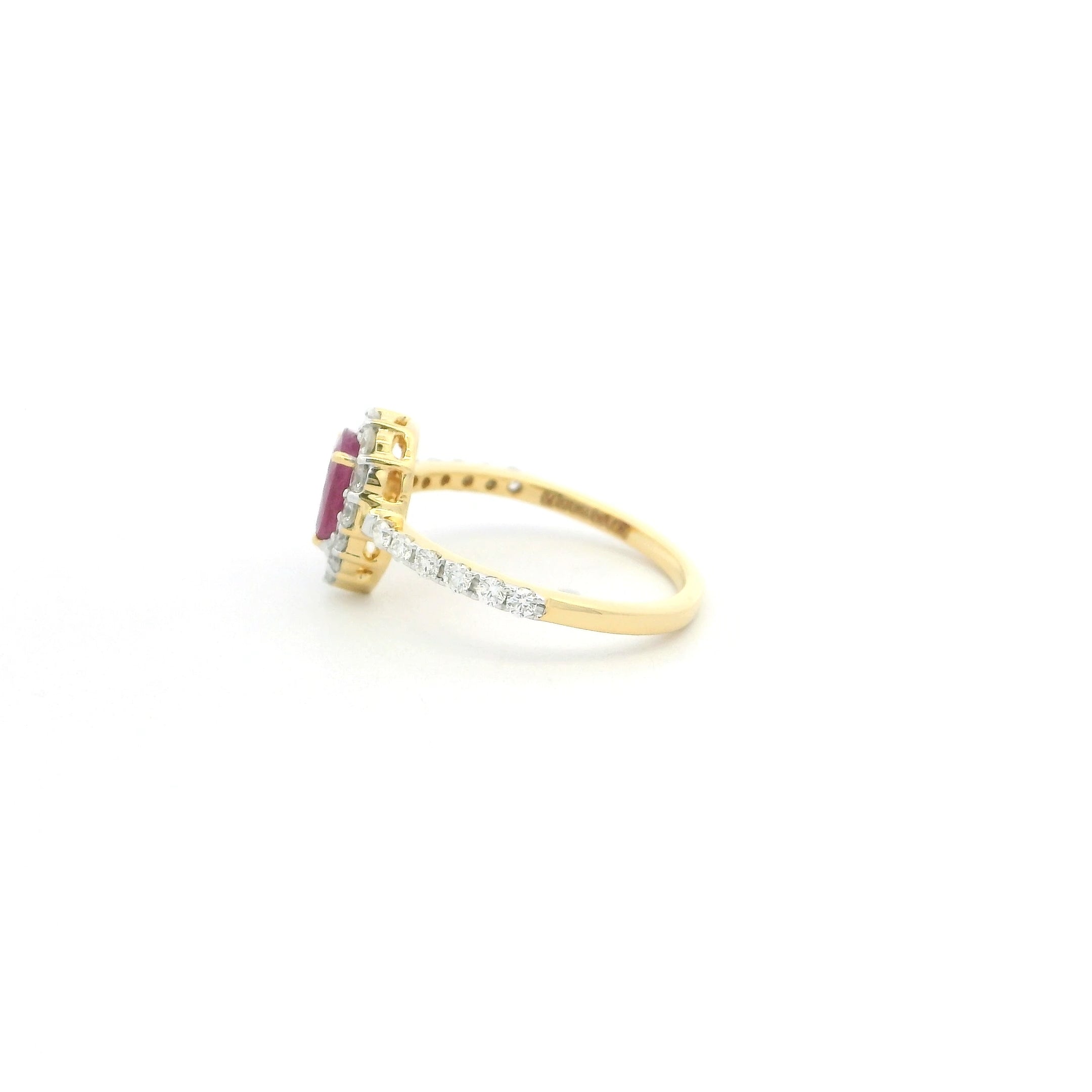 18ct Yellow Gold Ruby and Diamond Pear-Shaped Halo Ring – Timeless Elegance | Size J½