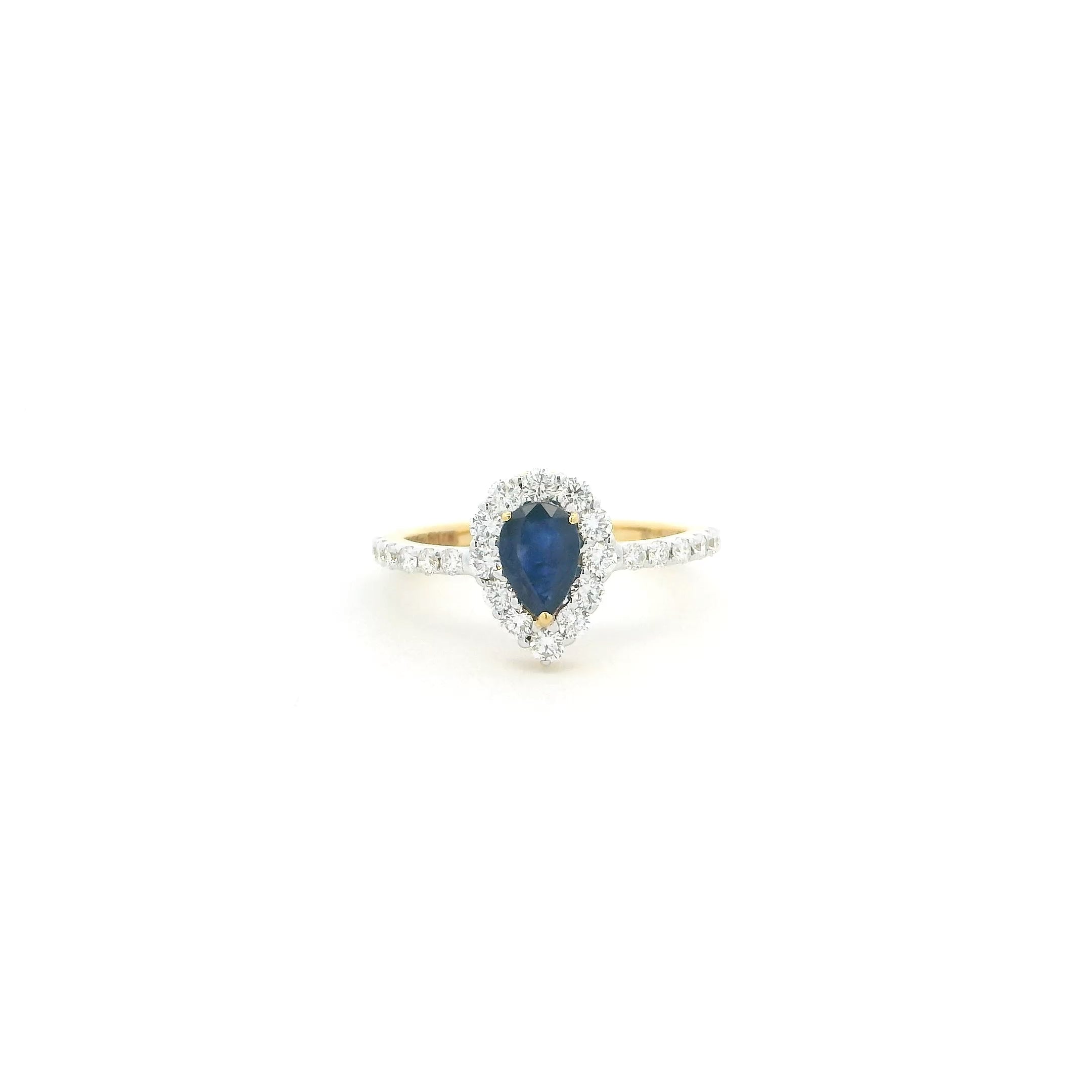 18ct Yellow Gold Sapphire and Diamond Pear-Shaped Halo Ring – Elegant Fine Jewellery | Size K
