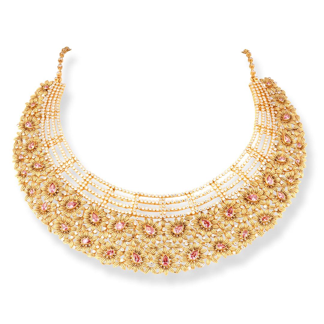 22ct Gold Antiquated Look Cubic Zirconia Collar Necklace and Drop Earrings Set N-8555 E-8555N - Minar Jewellers