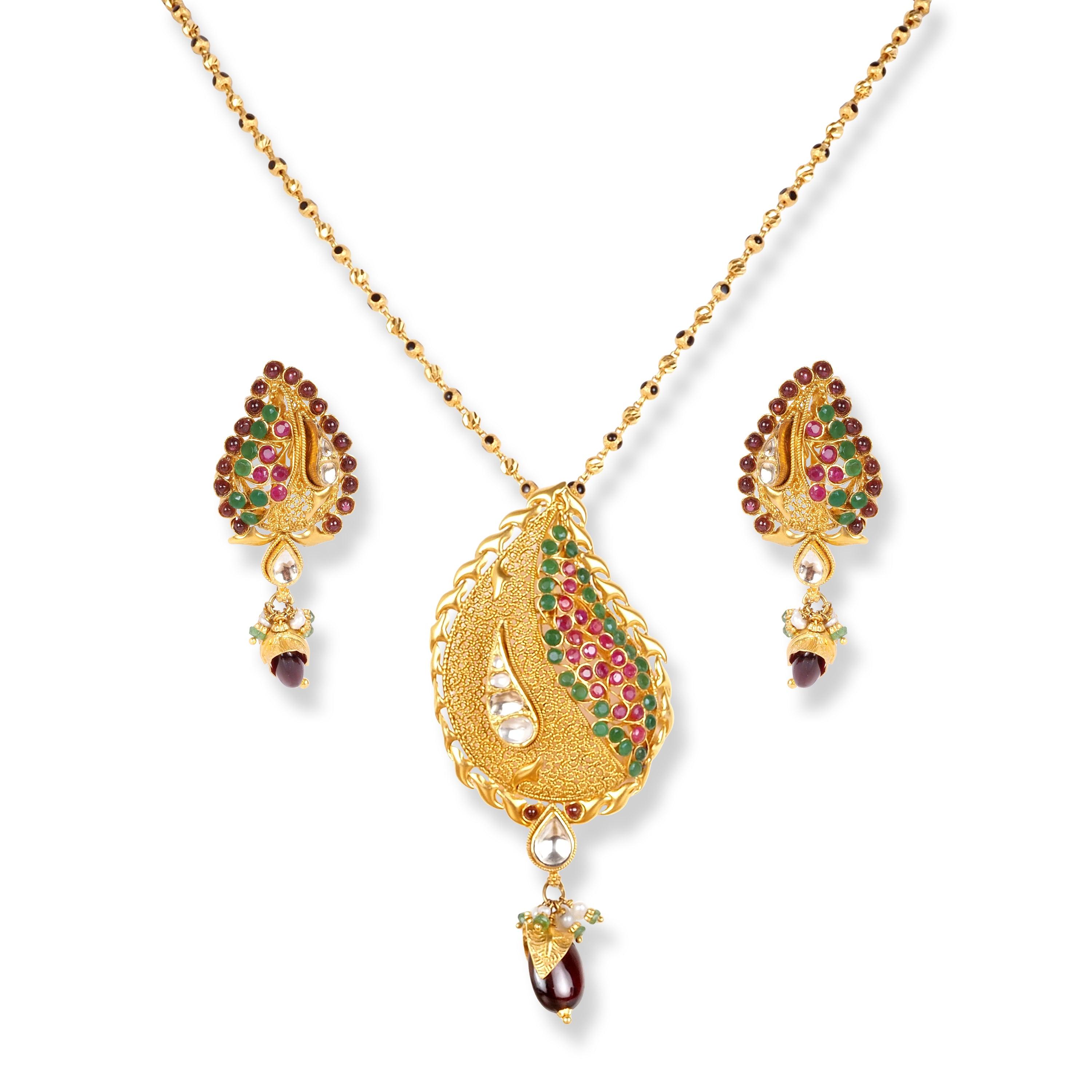 22ct Gold Antiquated Look Set with Cubic Coloured Stones NE-4983 - Minar Jewellers