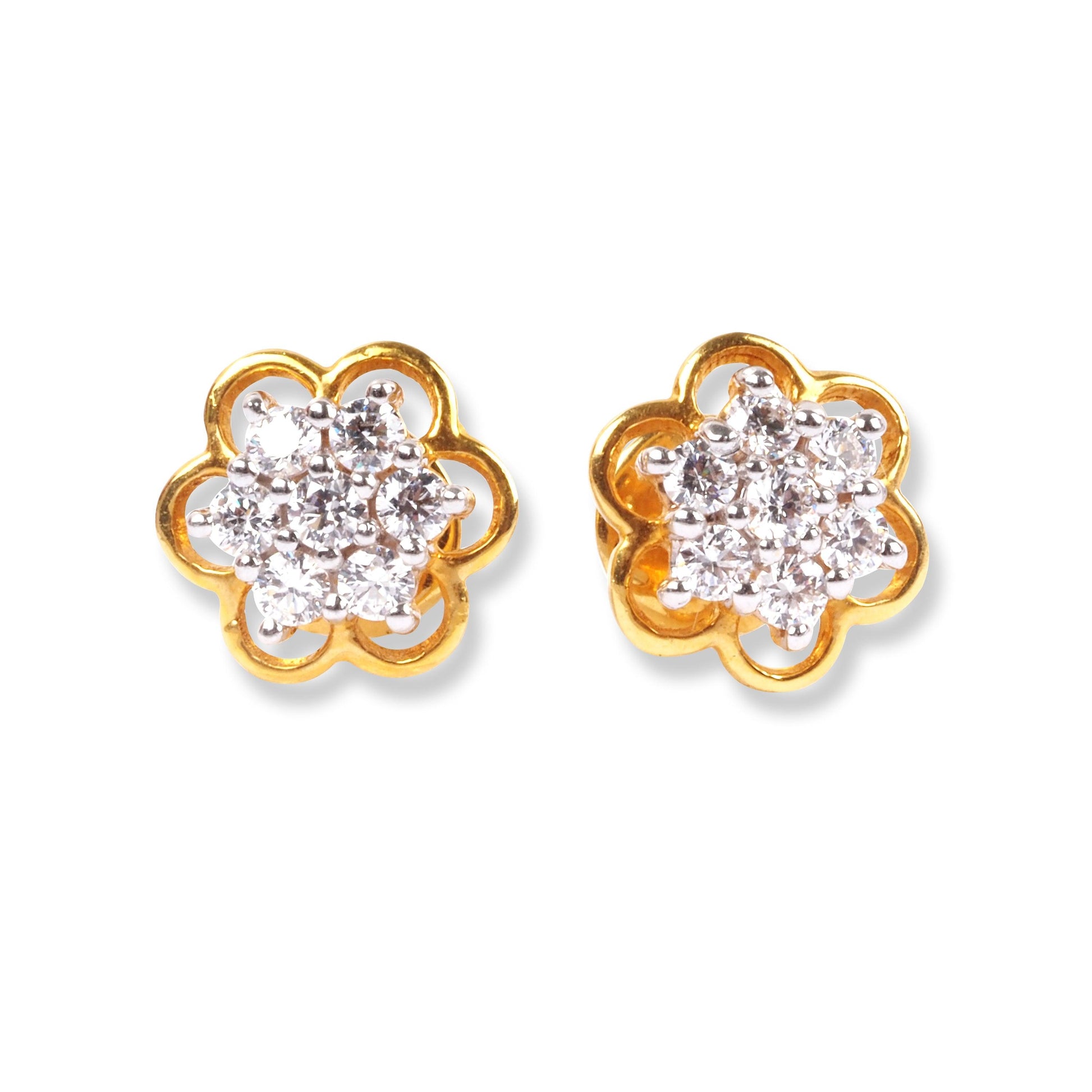 22ct Gold Flower Design Set with Cubic Zirconia Stones (Pendant + Stud Earrings) - Minar Jewellers