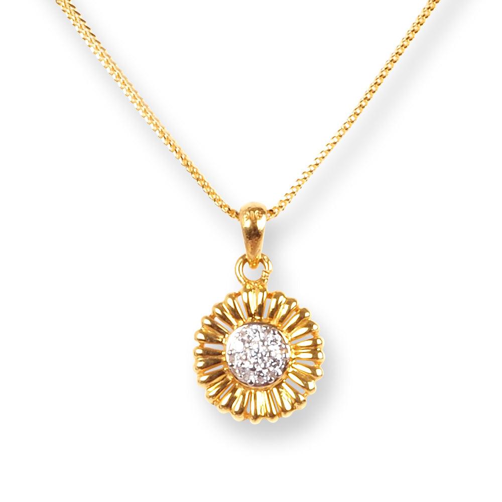 22ct Gold Flower Design Set with Cubic Zirconia Stones (Pendant + Chain + Stud Earrings) - Minar Jewellers
