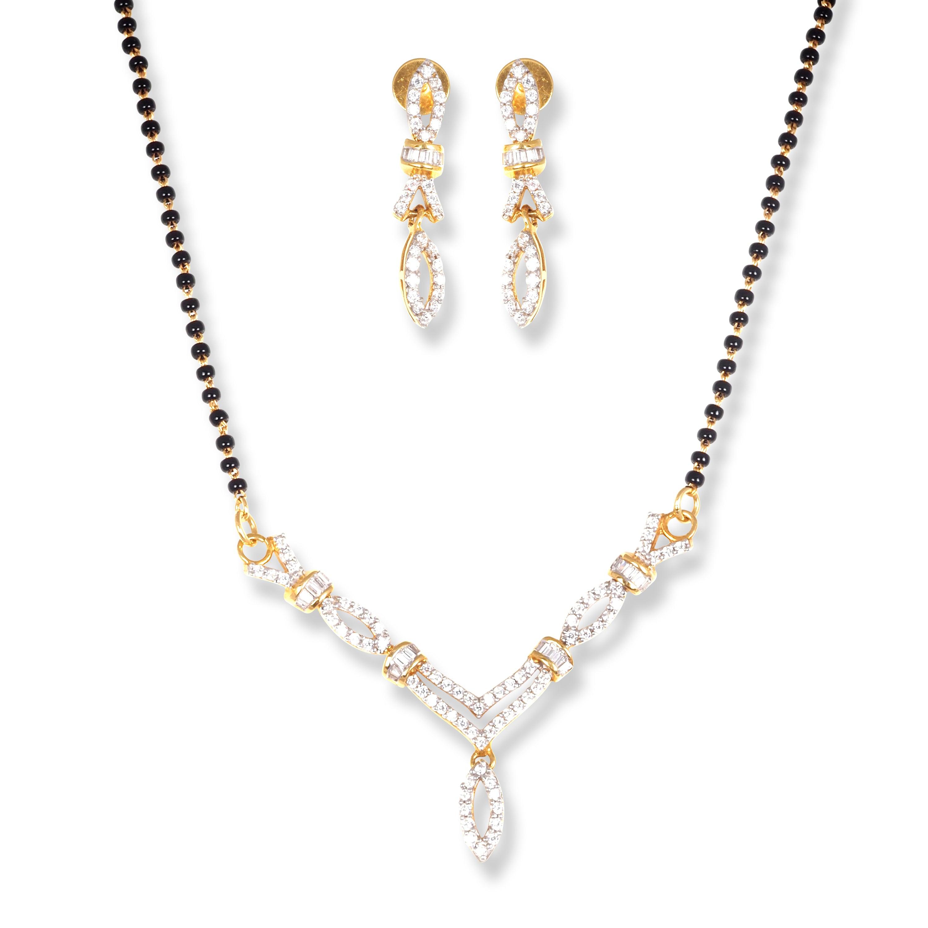 22ct Gold Mangal Sutra Set with Cubic Zirconia Stones and Lobster Clasp (Necklace + Drop Earrings) - Minar Jewellers