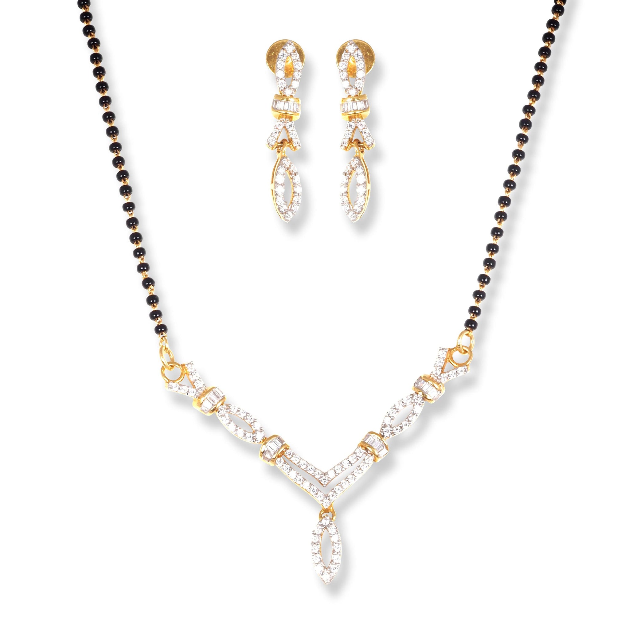 22ct Gold Mangal Sutra Set with Cubic Zirconia Stones and Lobster Clasp (Necklace + Drop Earrings)