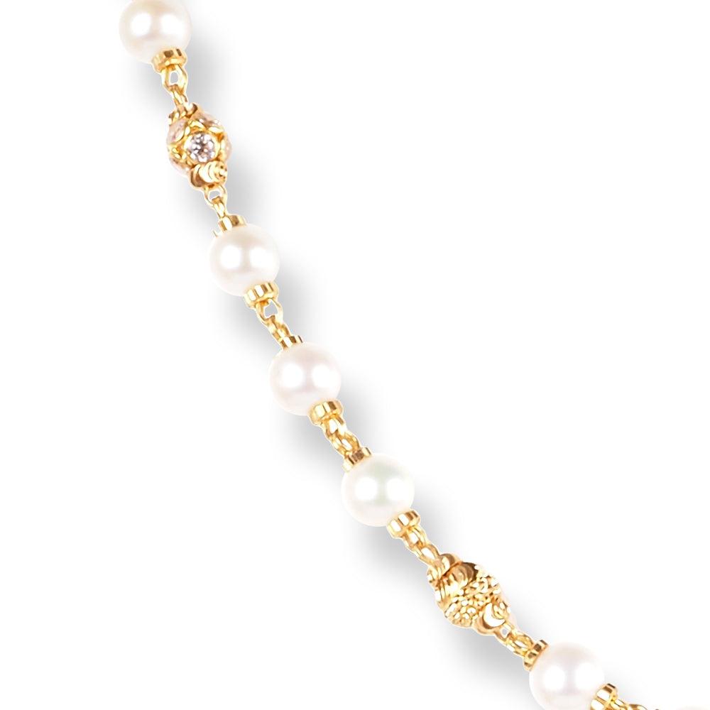 22ct Gold Necklace with Pearls, Cubic Zirconia Stones & Diamond Cut Beads N-7892 - Minar Jewellers