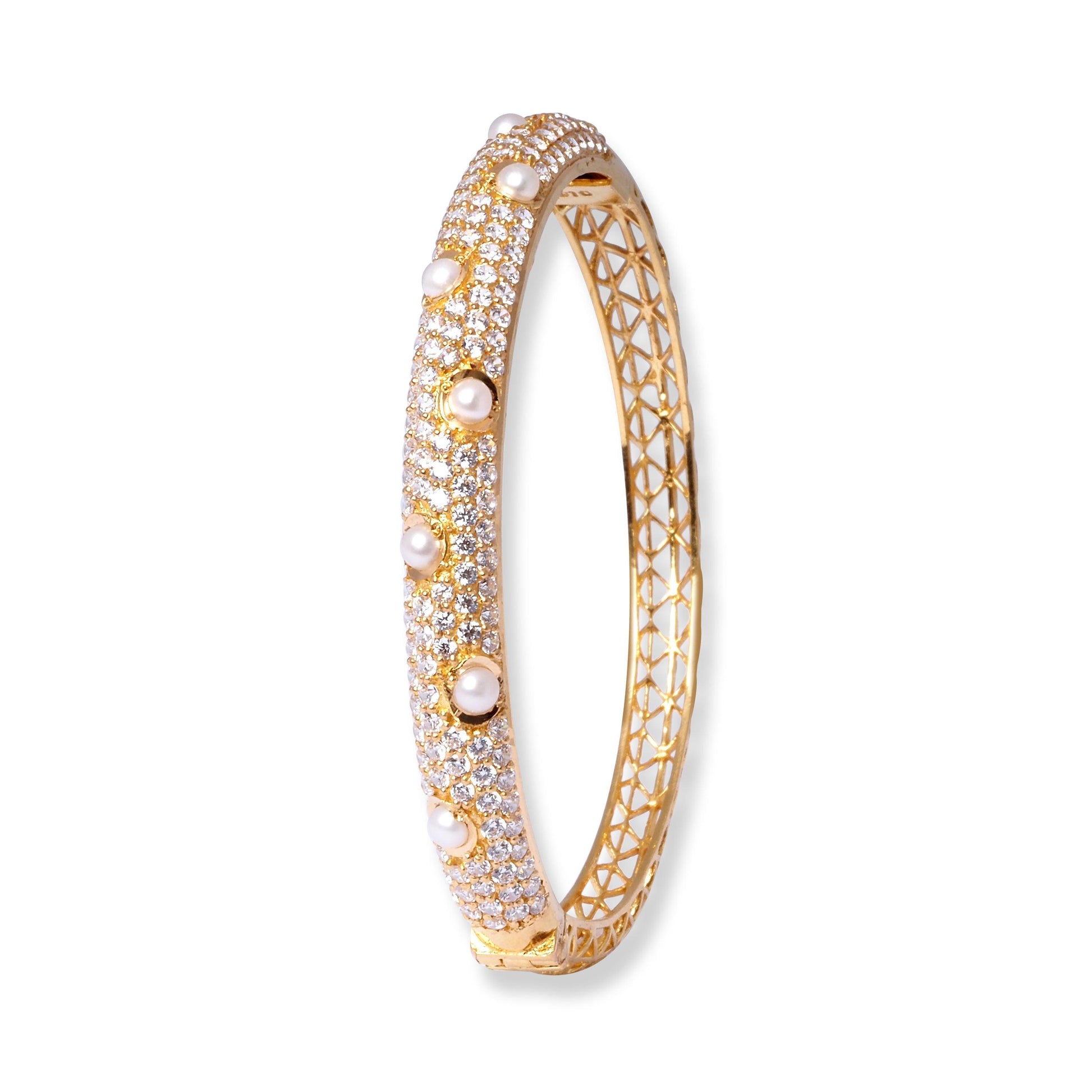22ct Gold Openable Bangle with Cultured Pearls and Cubic Zirconia Stones B-8556 - Minar Jewellers