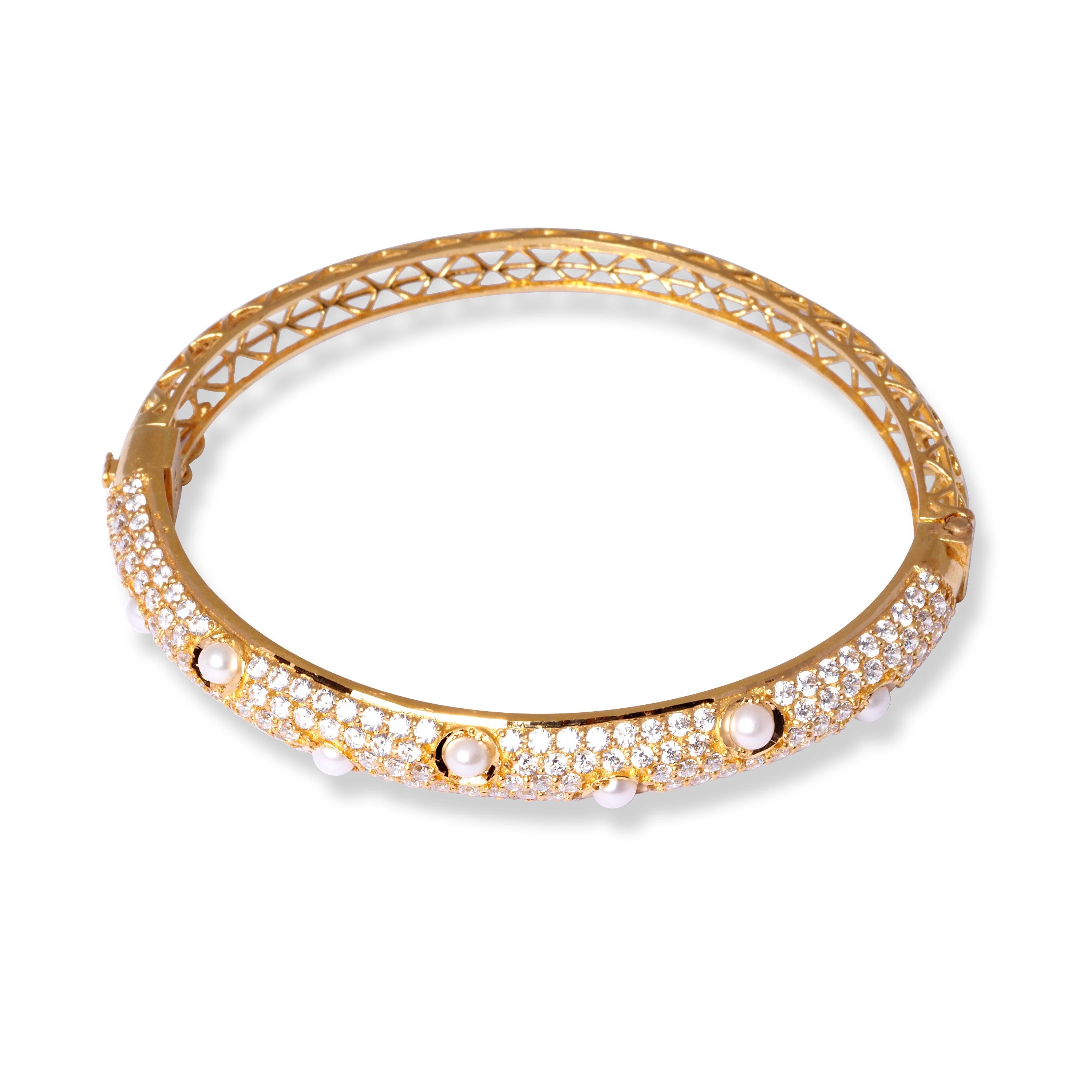 22ct Gold Openable Bangle with Cultured Pearls and Cubic Zirconia Stones B-8556 - Minar Jewellers