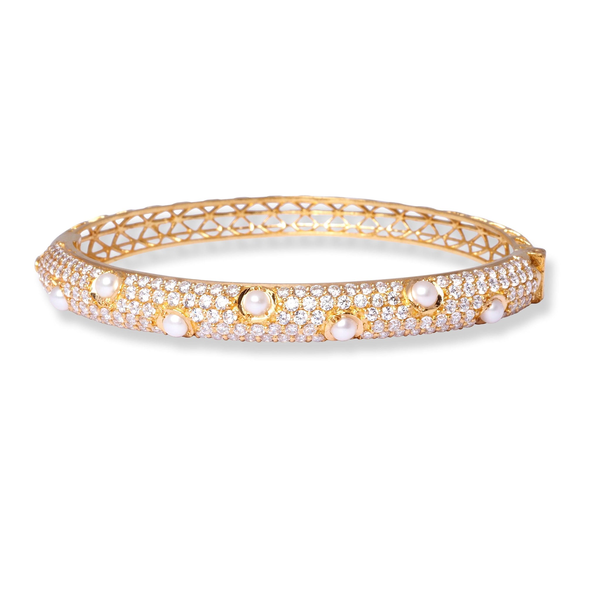 22ct Gold Openable Bangle with Cultured Pearls and Cubic Zirconia Stones B-8556