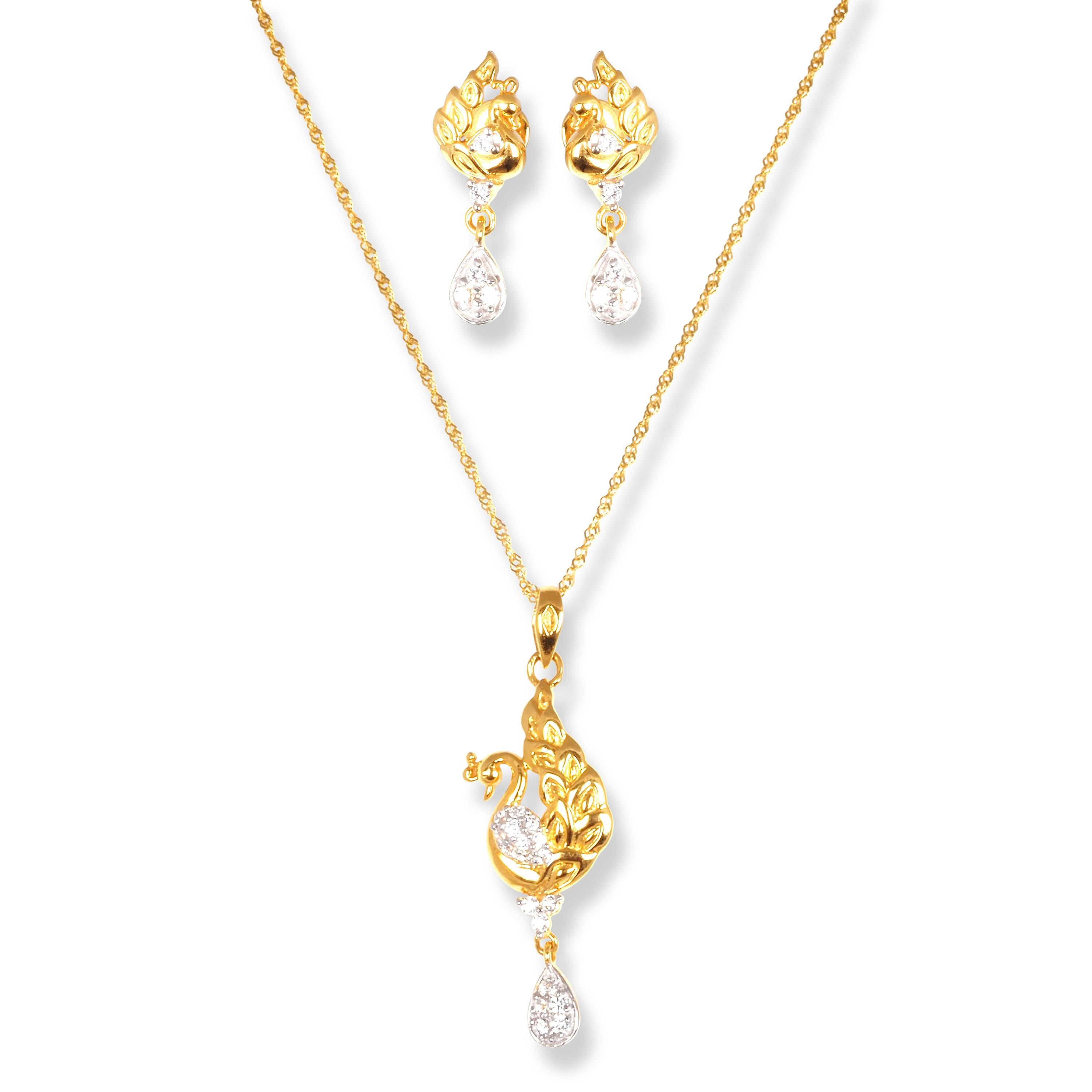 22ct Gold Peacock Set With Swarovski Zirconia Stones (Pendant + Chain + Drop Earrings) - Minar Jewellers