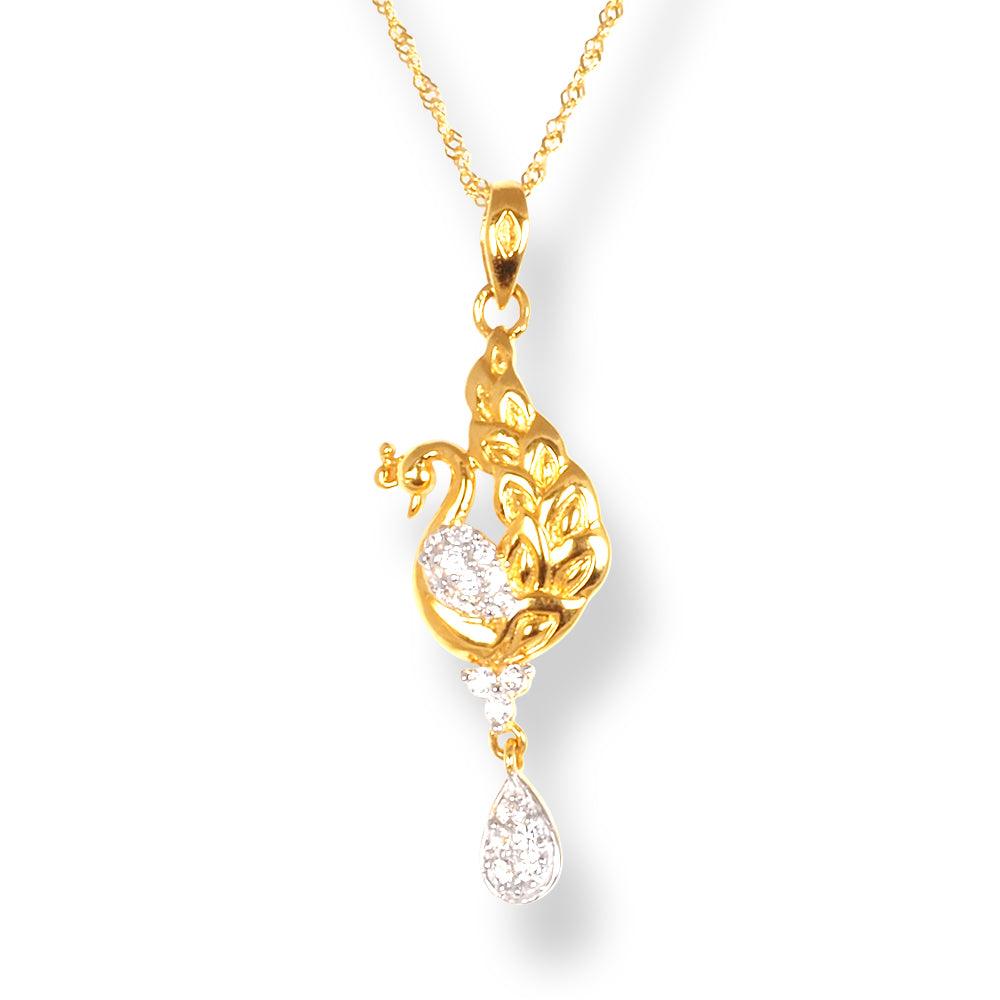 22ct Gold Peacock Set With Swarovski Zirconia Stones (Pendant + Chain + Drop Earrings) - Minar Jewellers