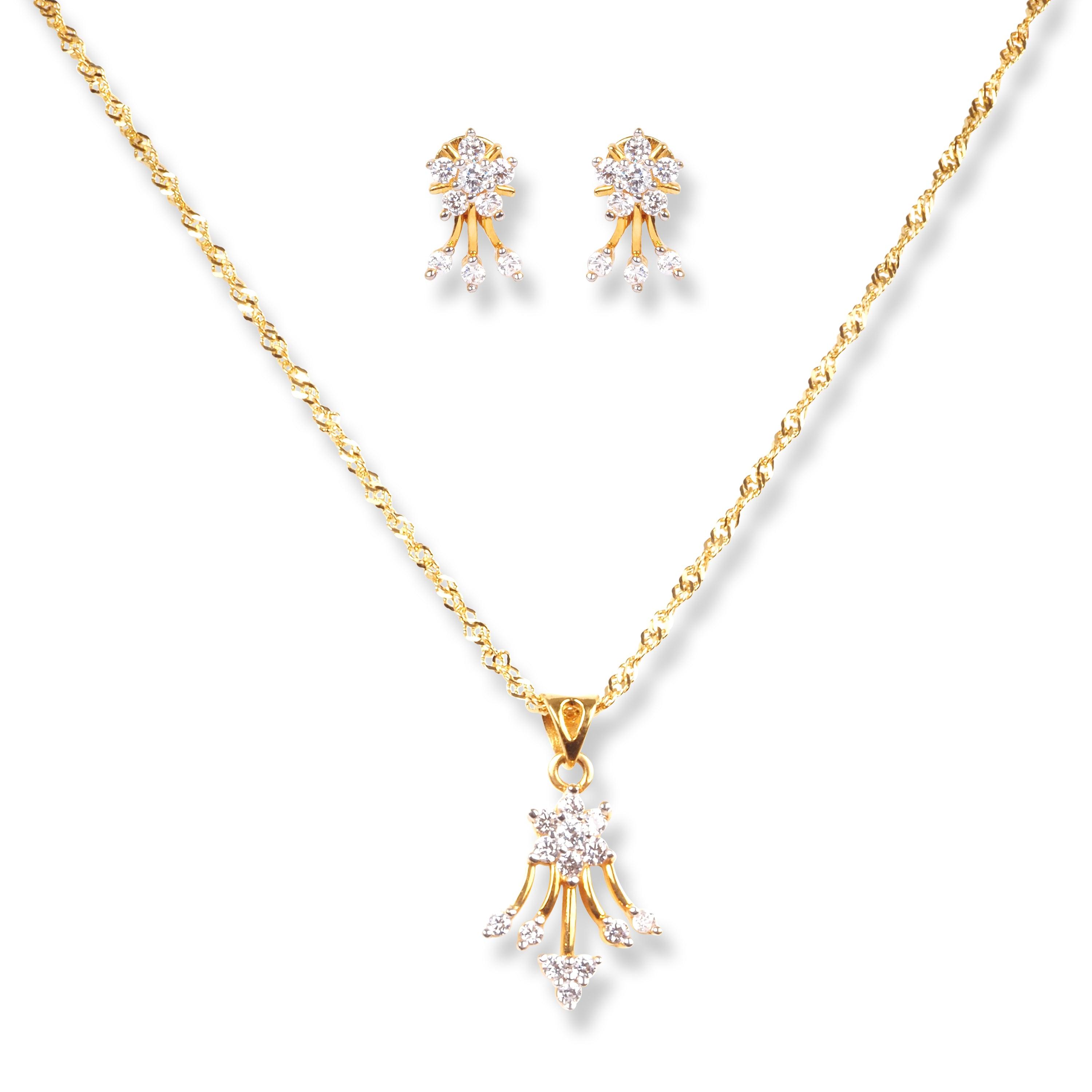 22ct Gold Set with Cubic Zirconia Stones (Pendant + Chain + Stud Earrings) - Minar Jewellers