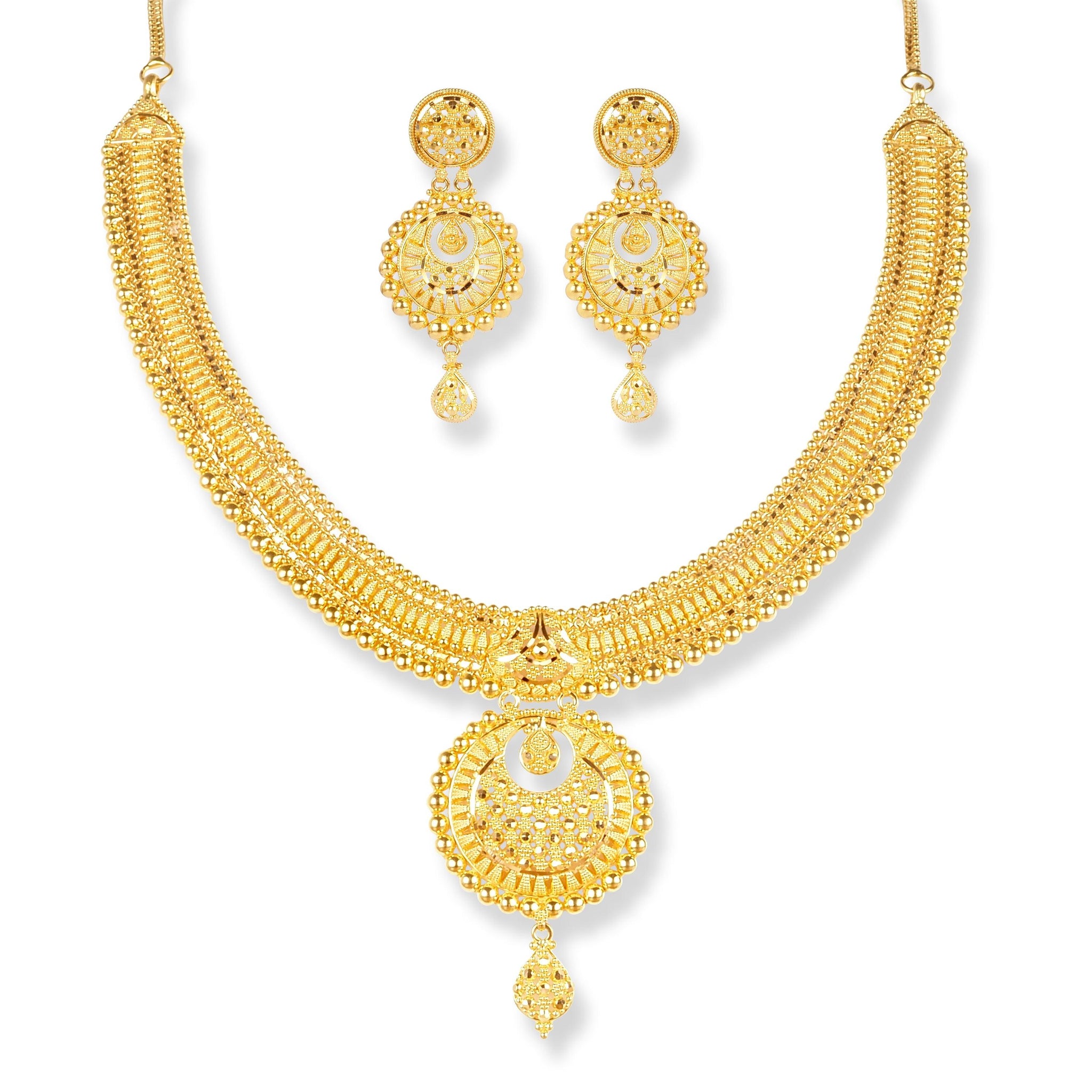 22ct Gold Set with Filigree Work (Necklace + Drop Earrings) NE-8169