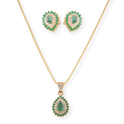 22ct Gold Set with Green and Cubic Zirconia Stones (Pendant + Chain + Earrings) P-8010 E-8010A - Minar Jewellers