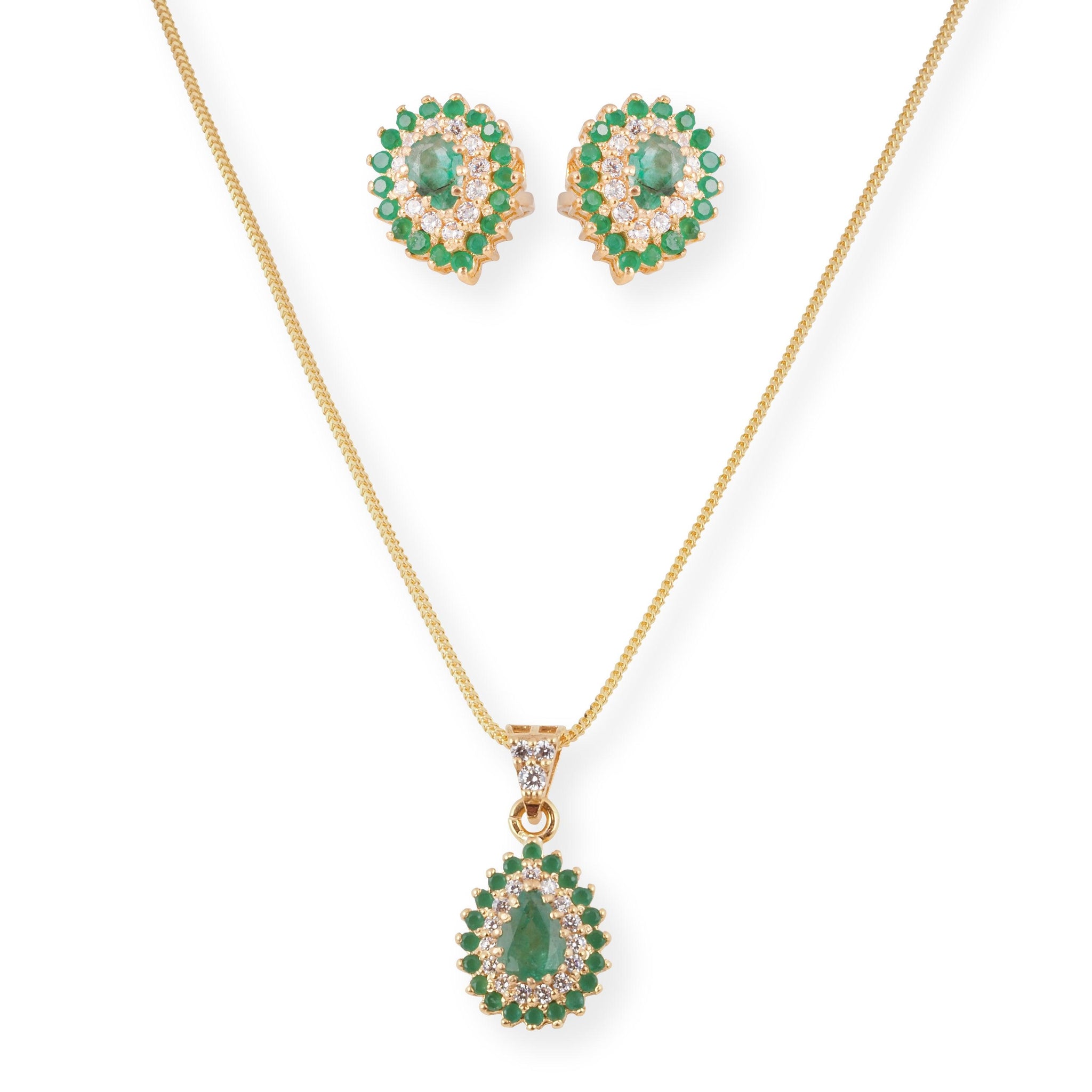 22ct Gold Set with Green and Cubic Zirconia Stones (Pendant + Chain + Earrings) PE-8010