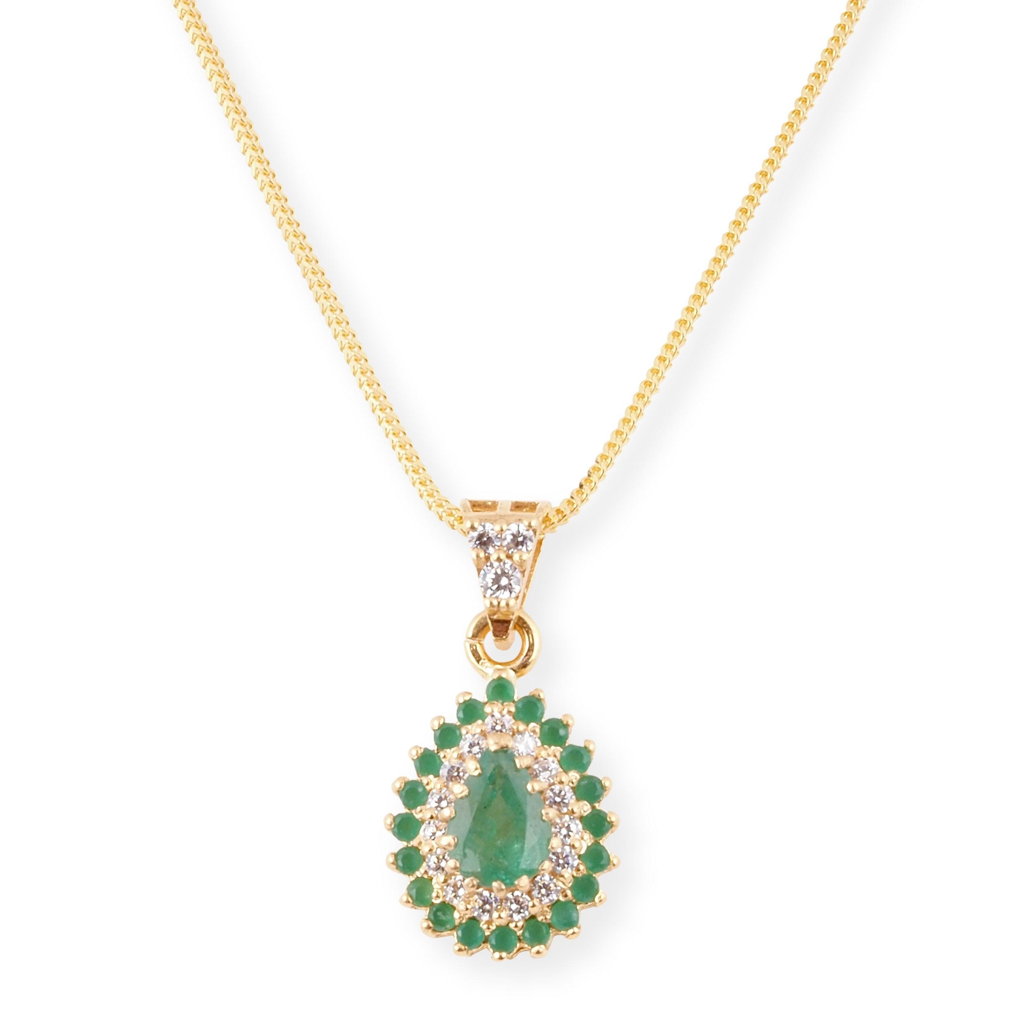 22ct Gold Set with Green and Cubic Zirconia Stones (Pendant + Chain + Earrings) PE-8010