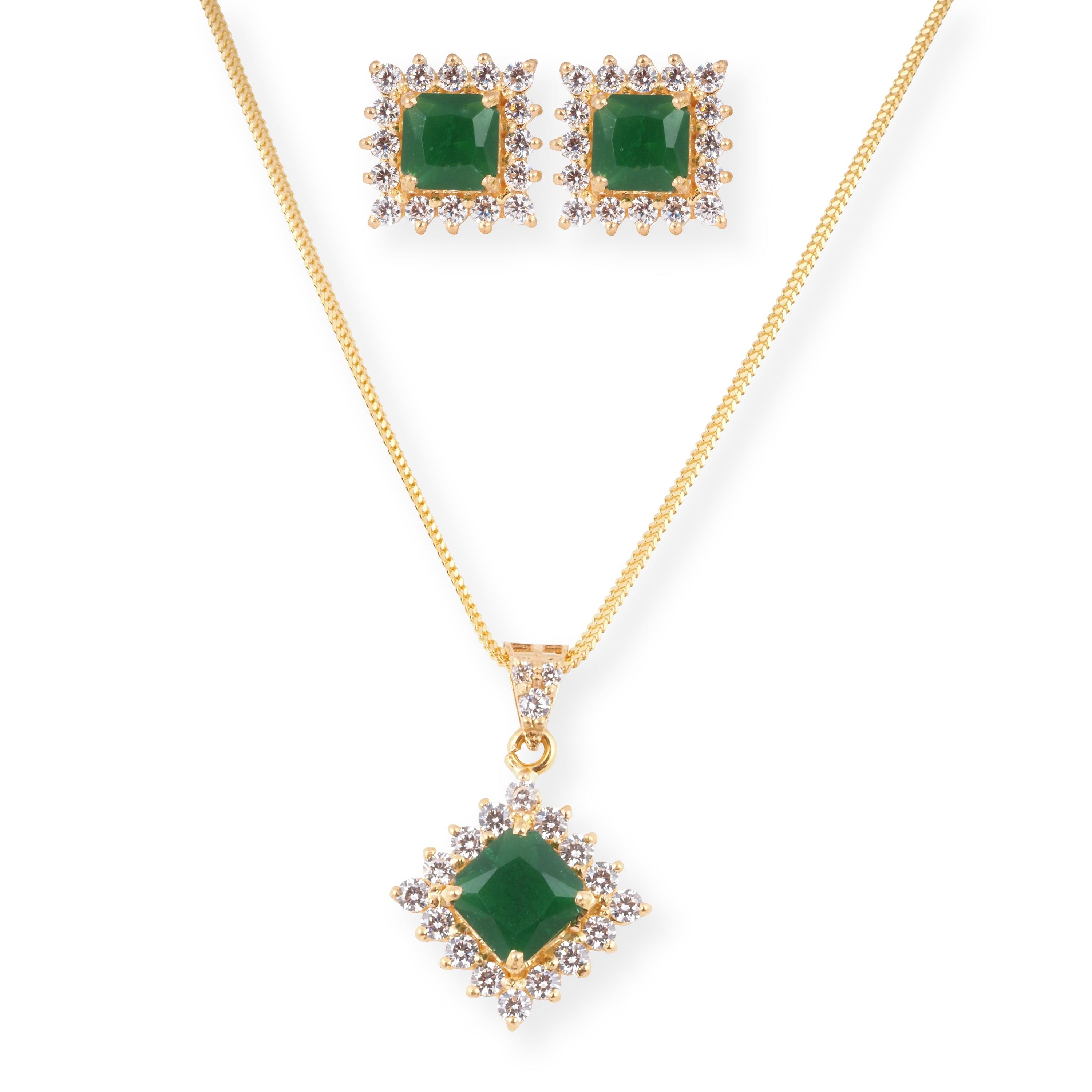 22ct Gold Set with Green and Cubic Zirconia Stones (Pendant + Chain + Earrings) P-8004 E-8004A - Minar Jewellers
