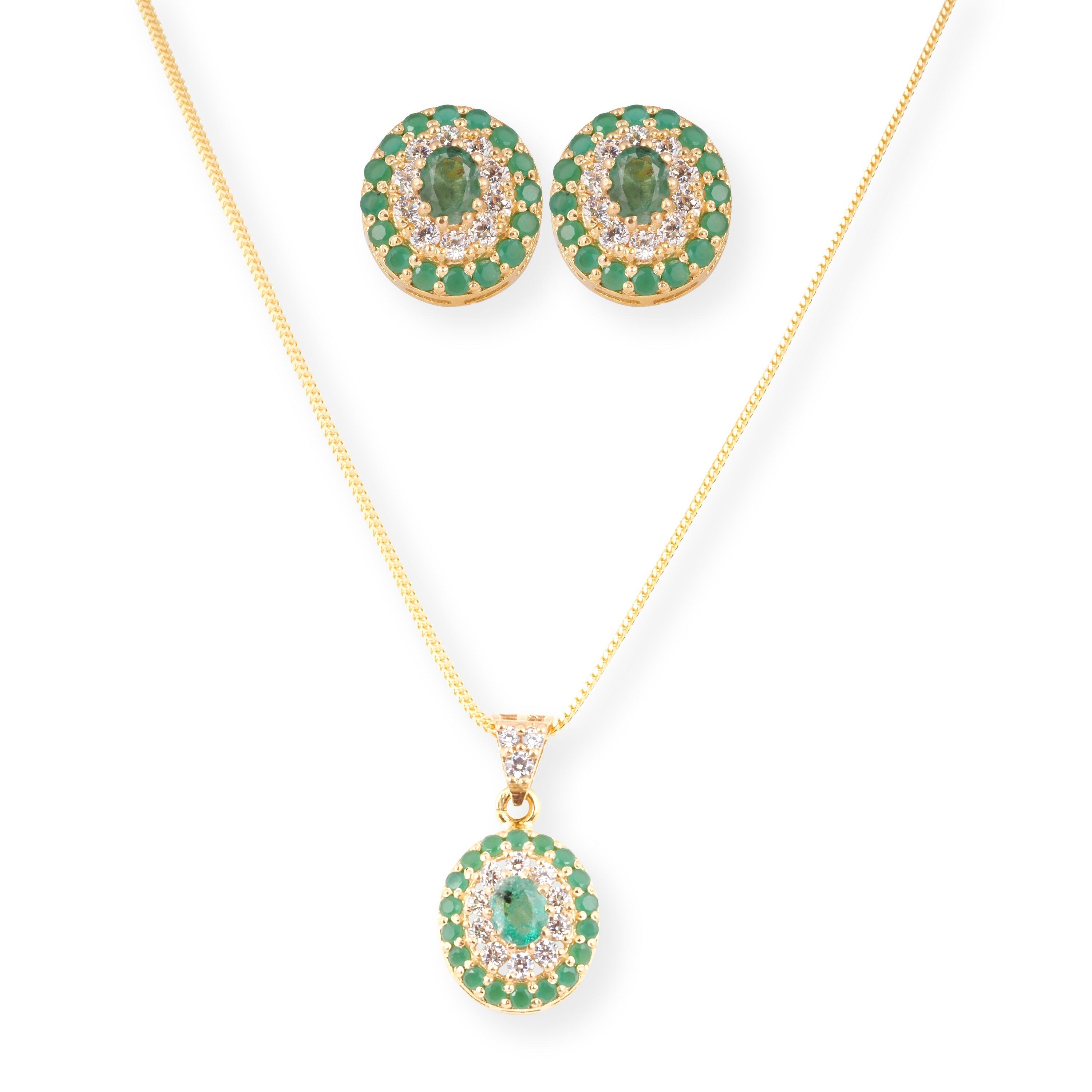 22ct Gold Set with Green and Cubic Zirconia Stones (Pendant + Chain + Earrings) P-8009 E-8009A - Minar Jewellers