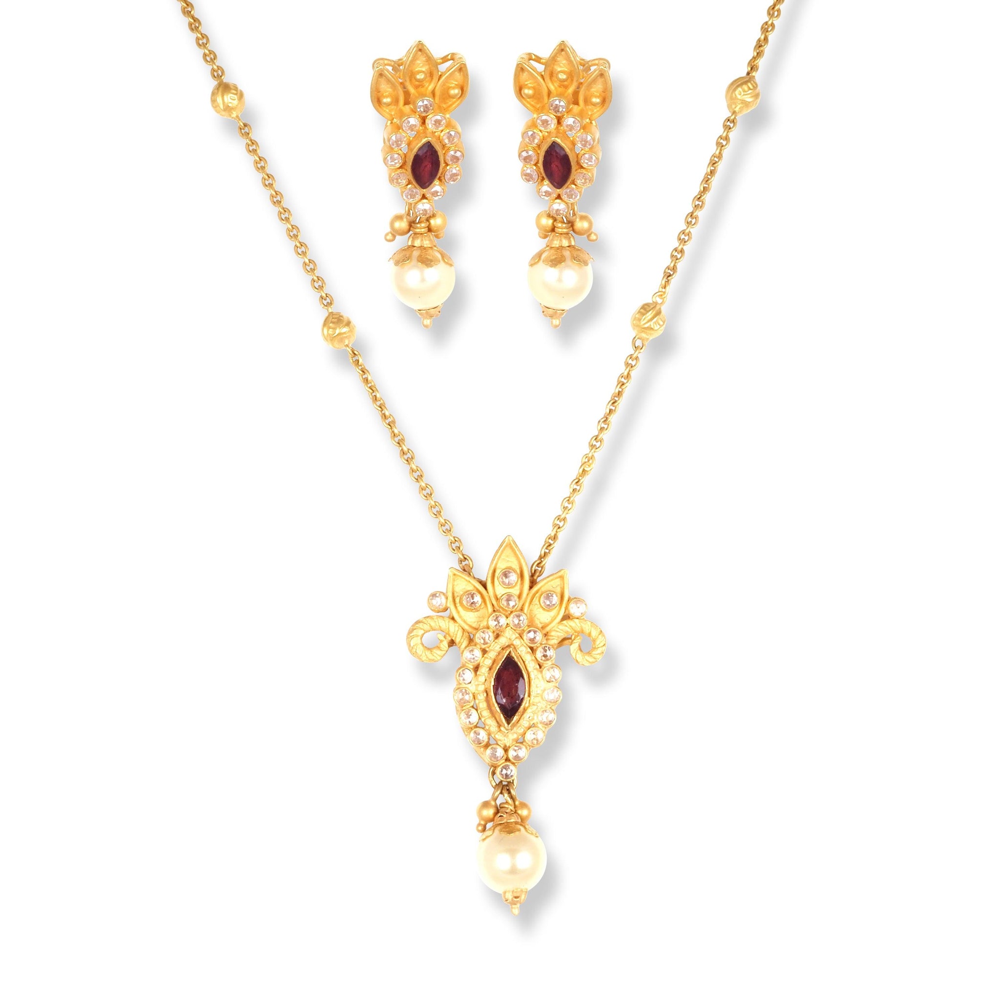 22ct Gold Set with Red & White Cubic Zirconia Stones and Cultured Pearls (Necklace + Drop Earrings)