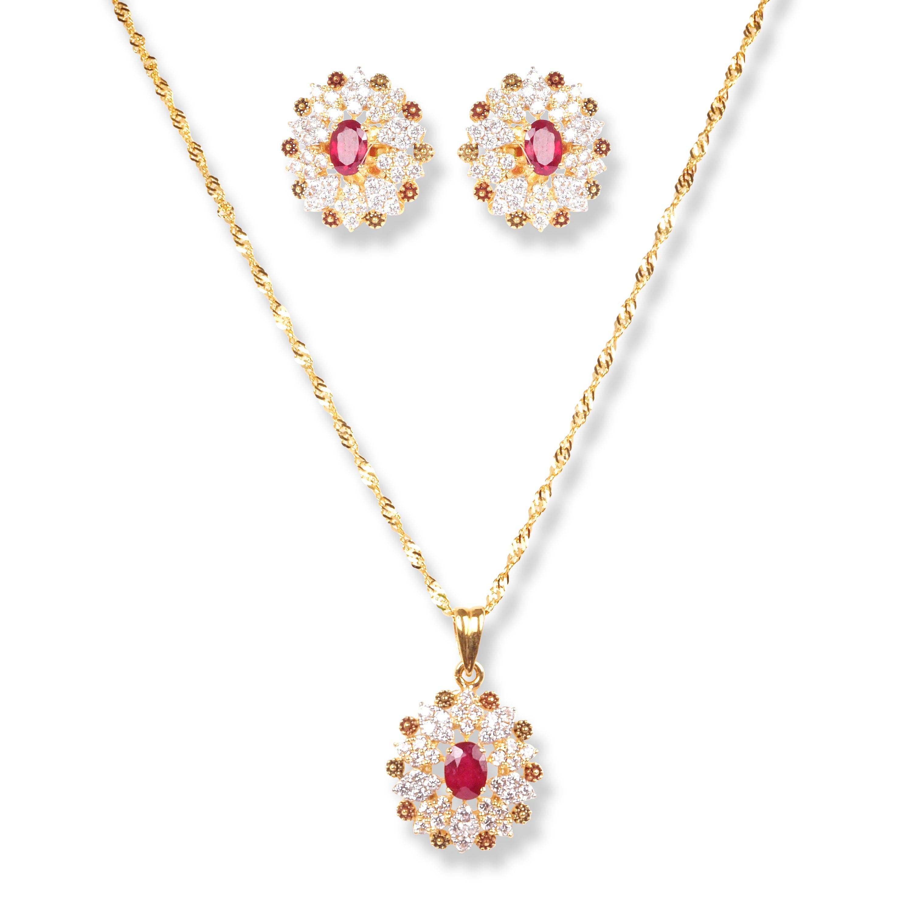 22ct Gold Set with Red & White Cubic Zirconia Stones (Pendant + Chain + Stud Earrings)-8154 - Minar Jewellers