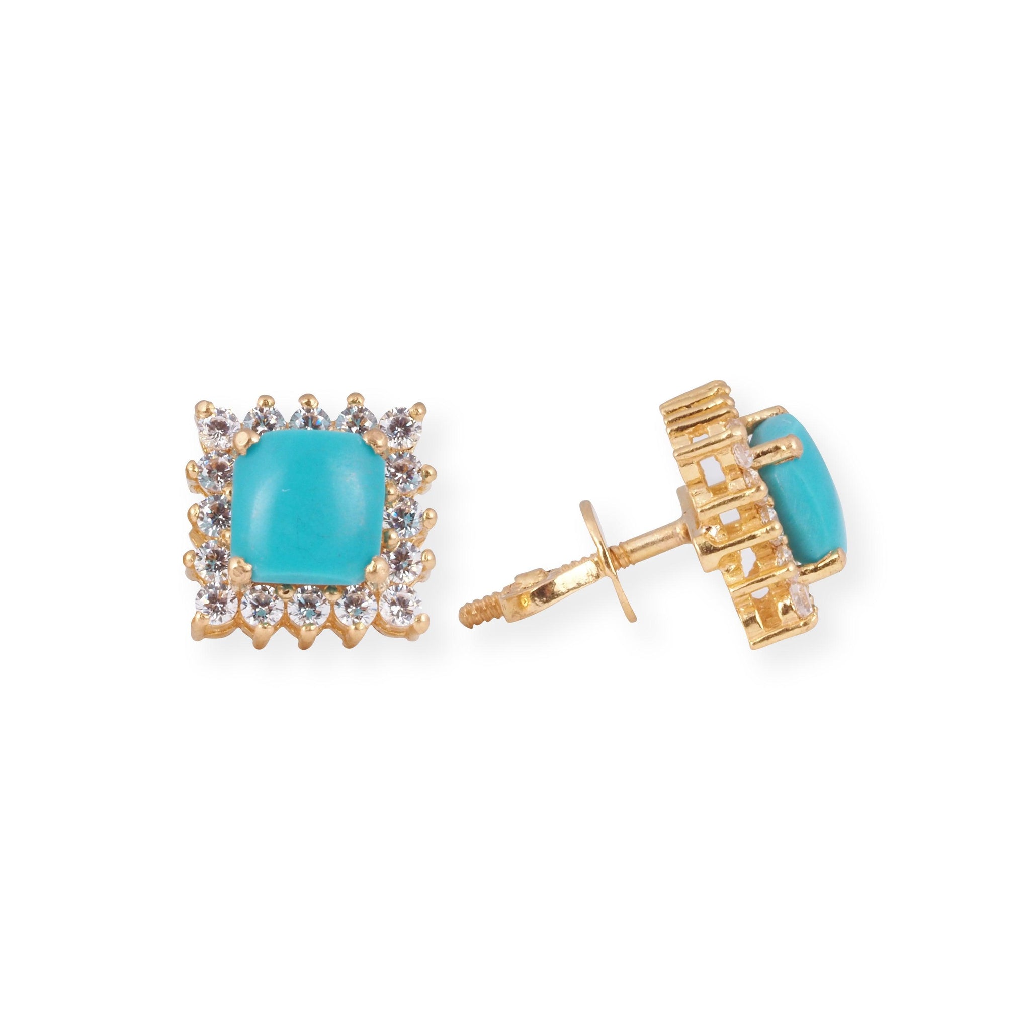 22ct Gold Set with Turquoise and Cubic Zirconia Stones (Pendant + Chain + Earrings) PE-8006