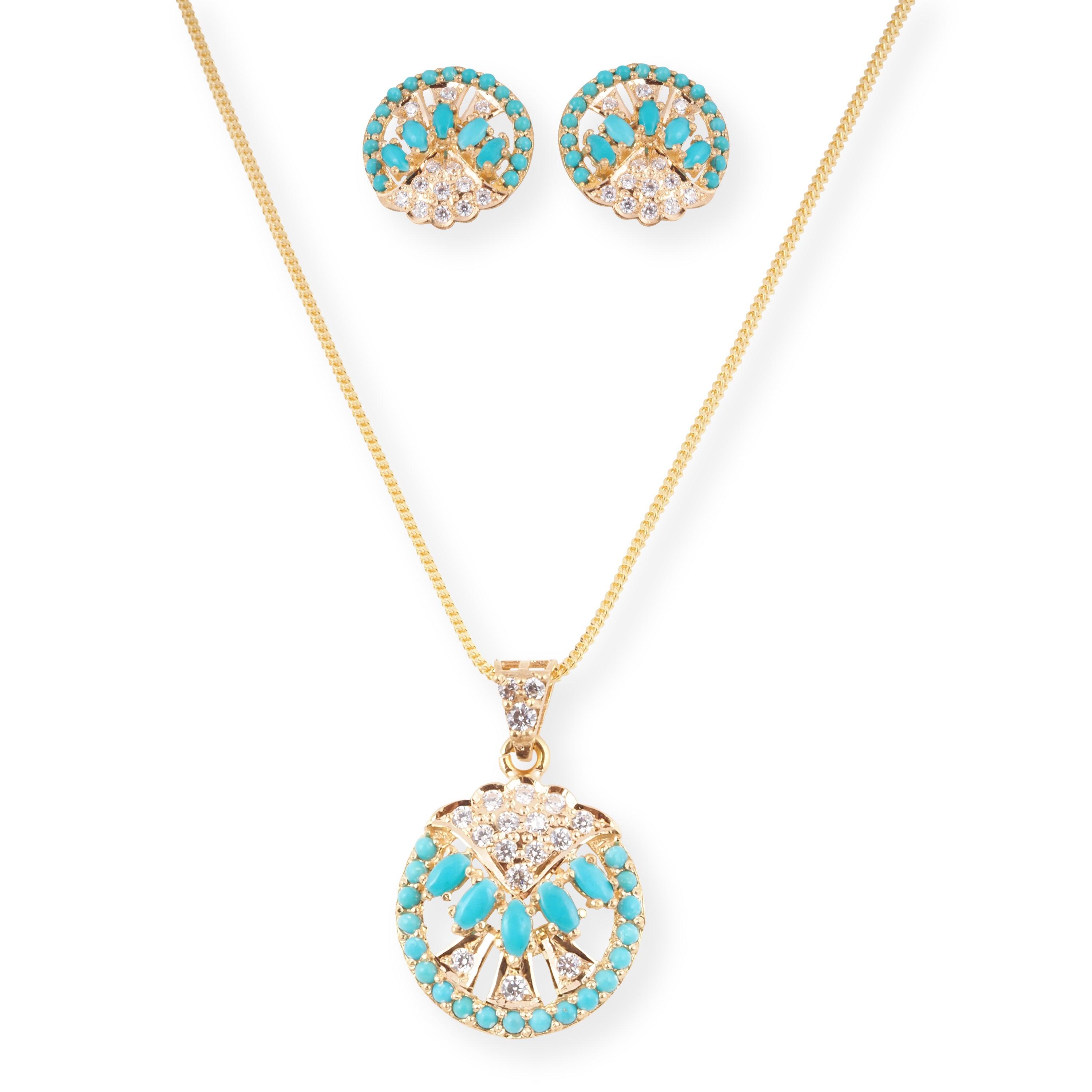 22ct Gold Set with Turquoise and Cubic Zirconia Stones (Pendant + Chain + Earrings) P-8008 E-8008A - Minar Jewellers