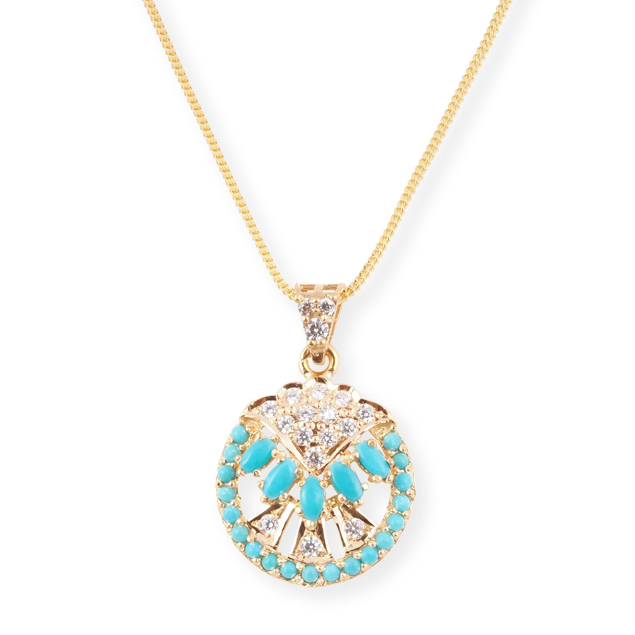 22ct Gold Set with Turquoise and Cubic Zirconia Stones (Pendant + Chain + Earrings) PE-8008