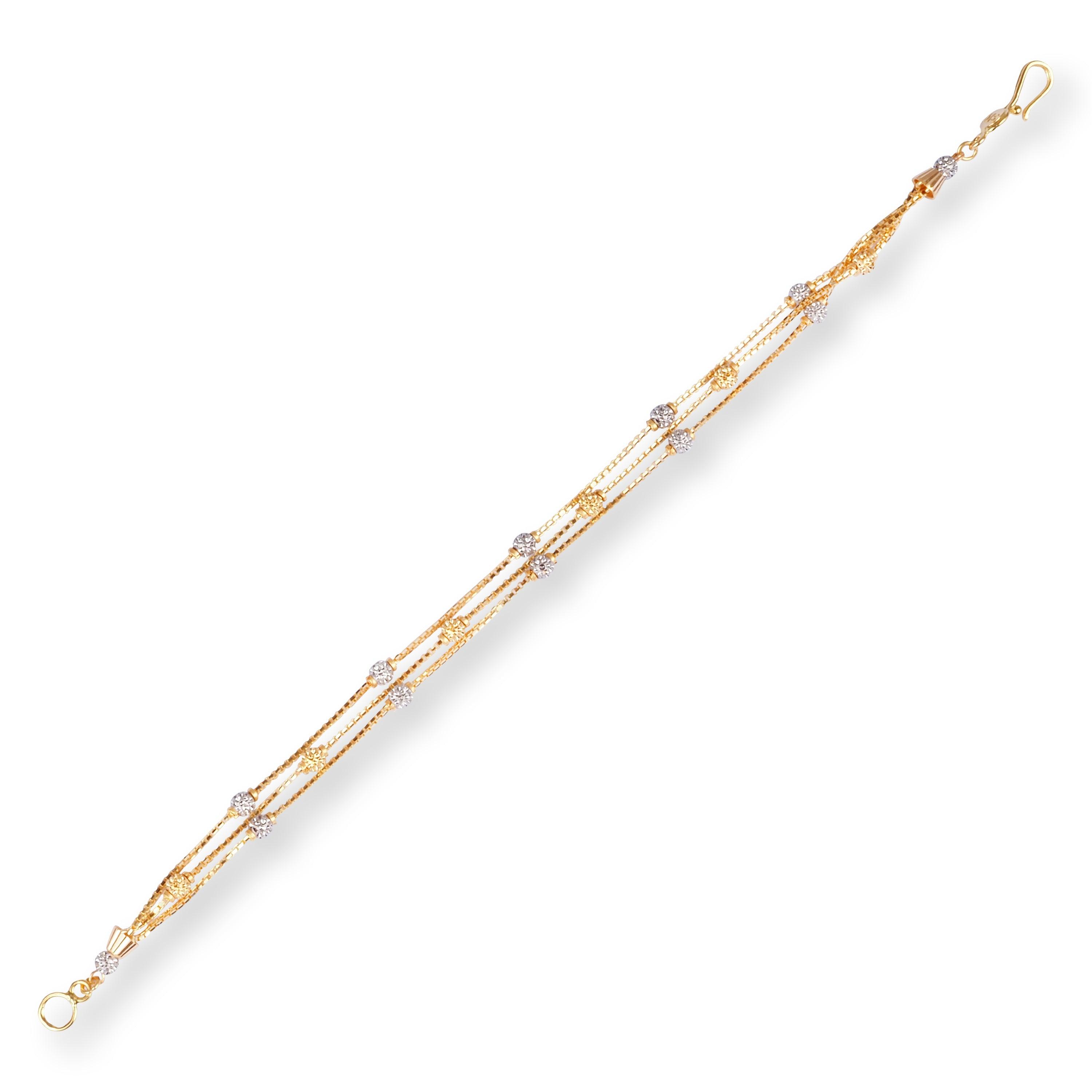 22ct Gold Three Row Bracelet with Plain and Rhodium Diamond Cut Beads and Hook Clasp LBR-8501 - Minar Jewellers