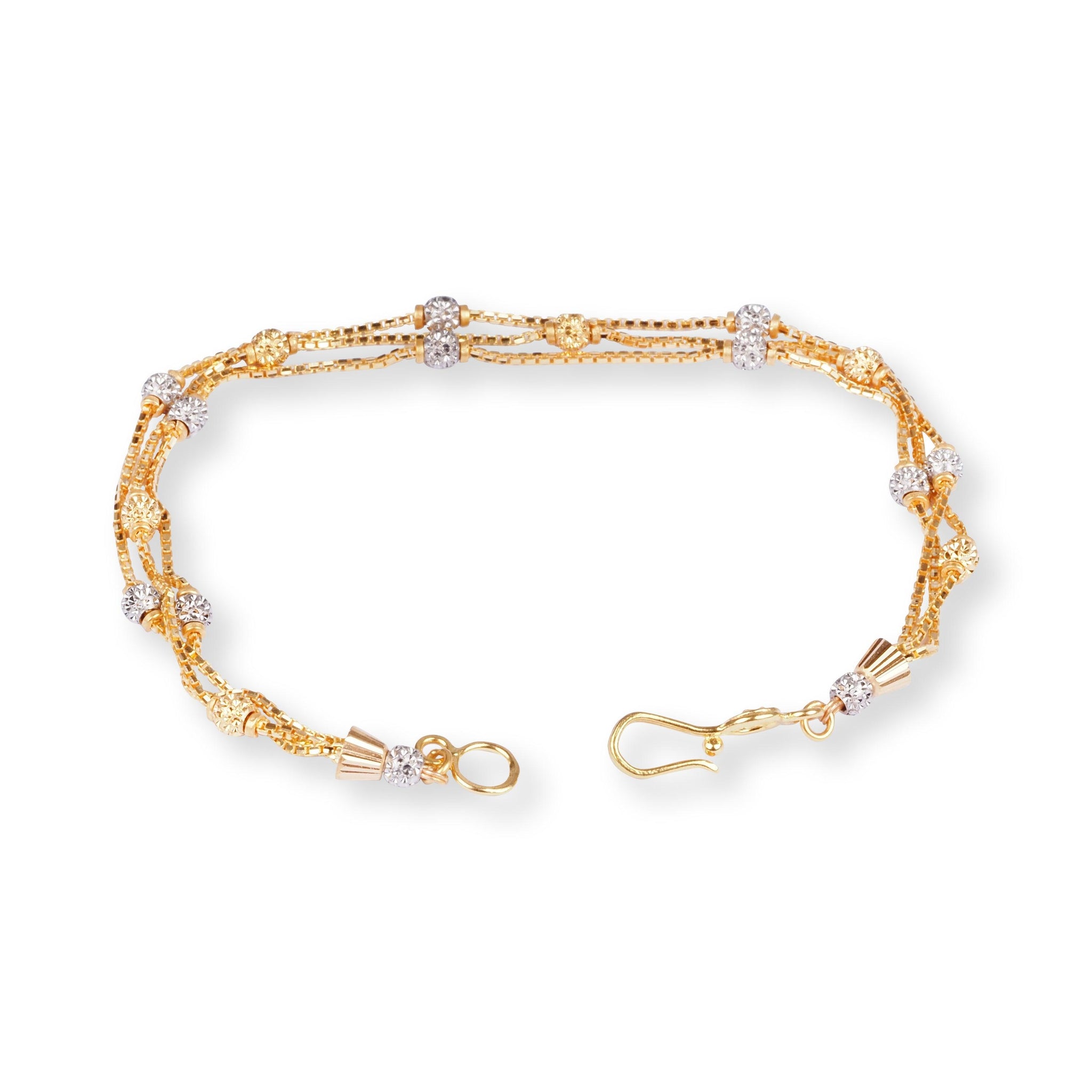 22ct Gold Three Row Bracelet with Plain and Rhodium Diamond Cut Beads and Hook Clasp LBR-8501