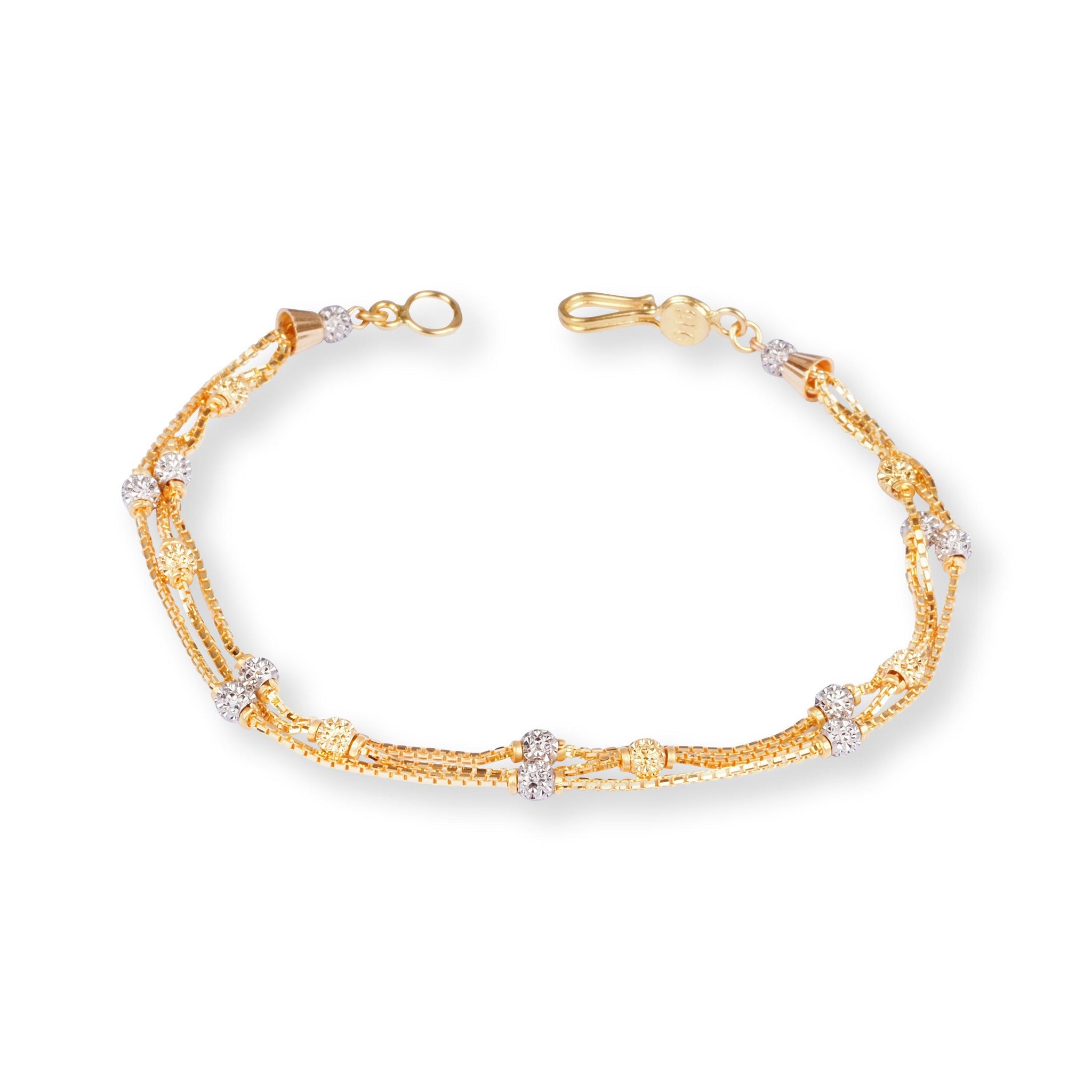 22ct Gold Three Row Bracelet with Plain and Rhodium Diamond Cut Beads and Hook Clasp LBR-8501