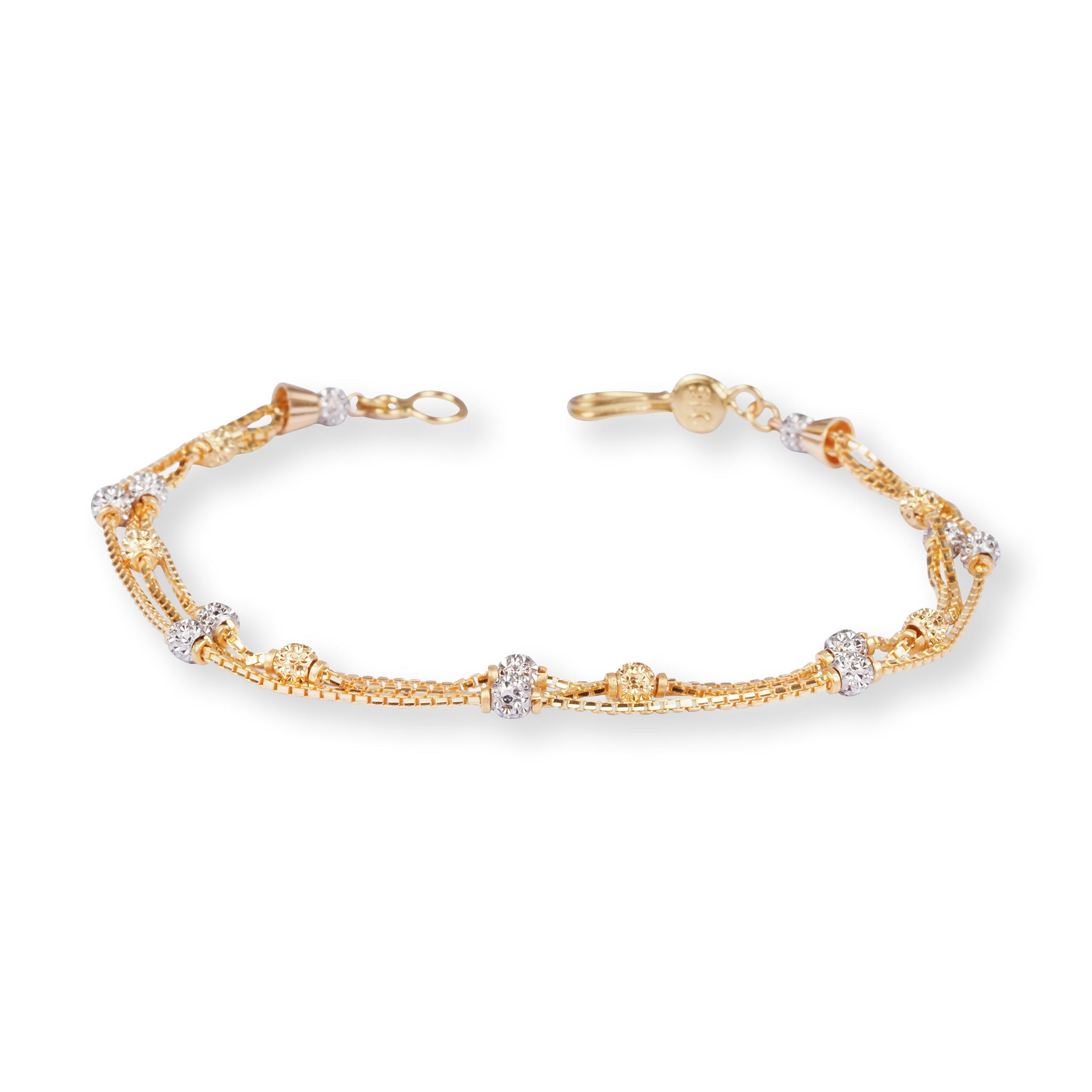 22ct Gold Three Row Bracelet with Plain and Rhodium Diamond Cut Beads and Hook Clasp LBR-8501 - Minar Jewellers