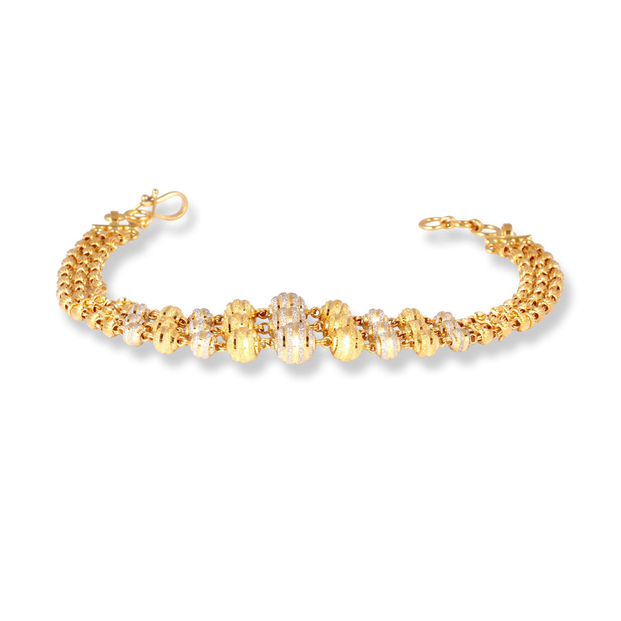 22ct Gold Three Row Ladies Bracelet with Rhodium Plated and Diamond Cut Beads & Hook Clasp LBR-7159