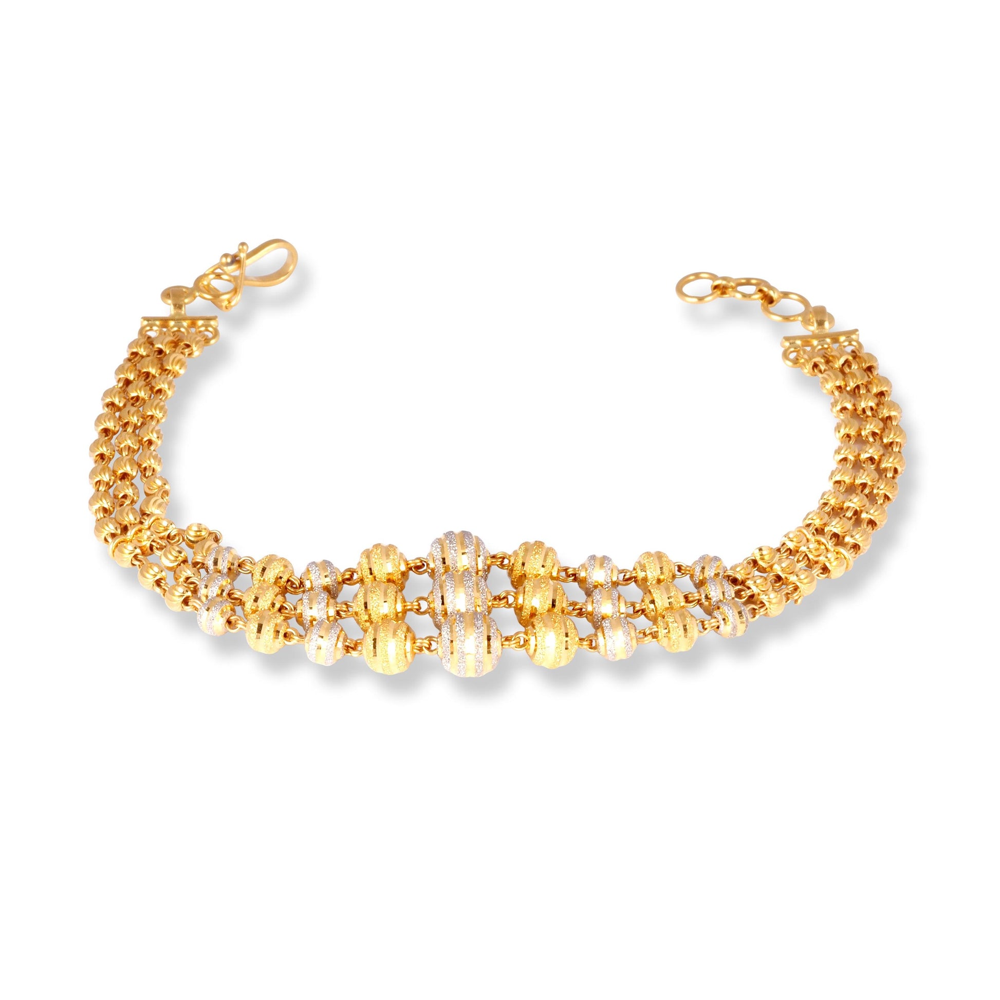 22ct Gold Three Row Ladies Bracelet with Rhodium Plated and Diamond Cut Beads & Hook Clasp LBR-7159 - Minar Jewellers