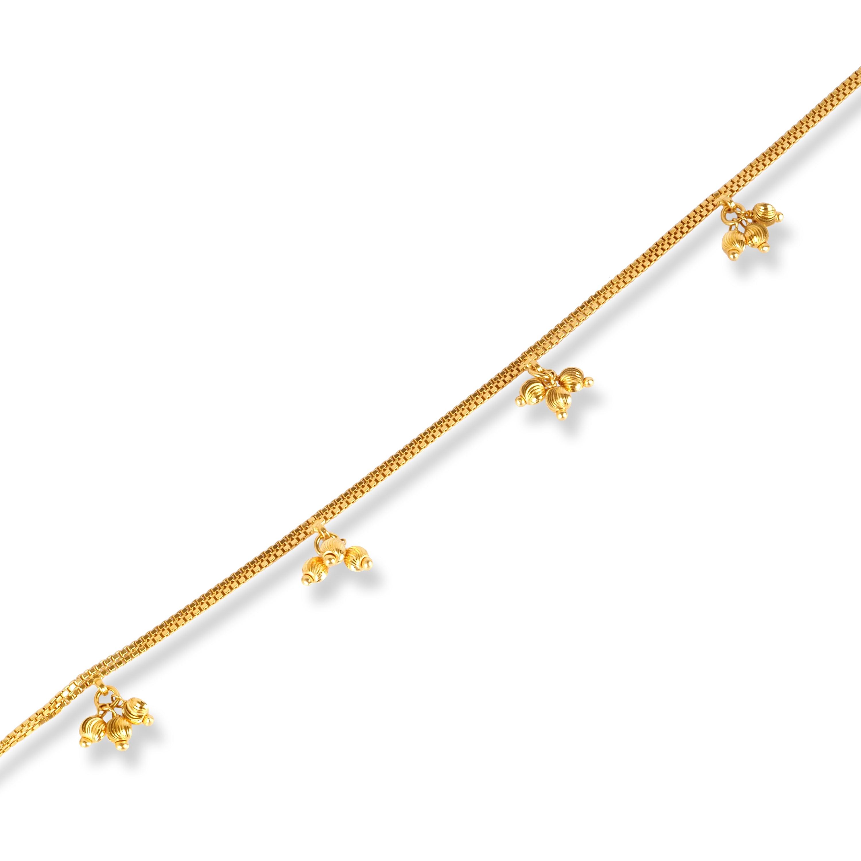 22ct Gold Anklet in Box Chain Design with Ghughri Charm with '' S '' Clasp A-8267 - Minar Jewellers