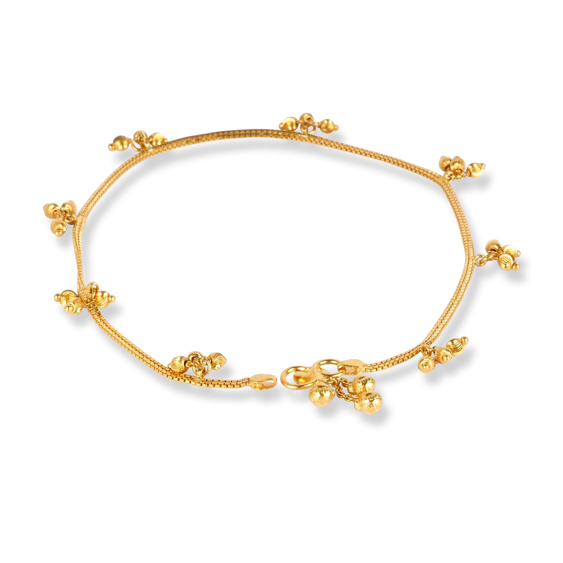 22ct Gold Anklet in Box Chain Design with Ghughri Charm with '' S '' Clasp A-8267 - Minar Jewellers