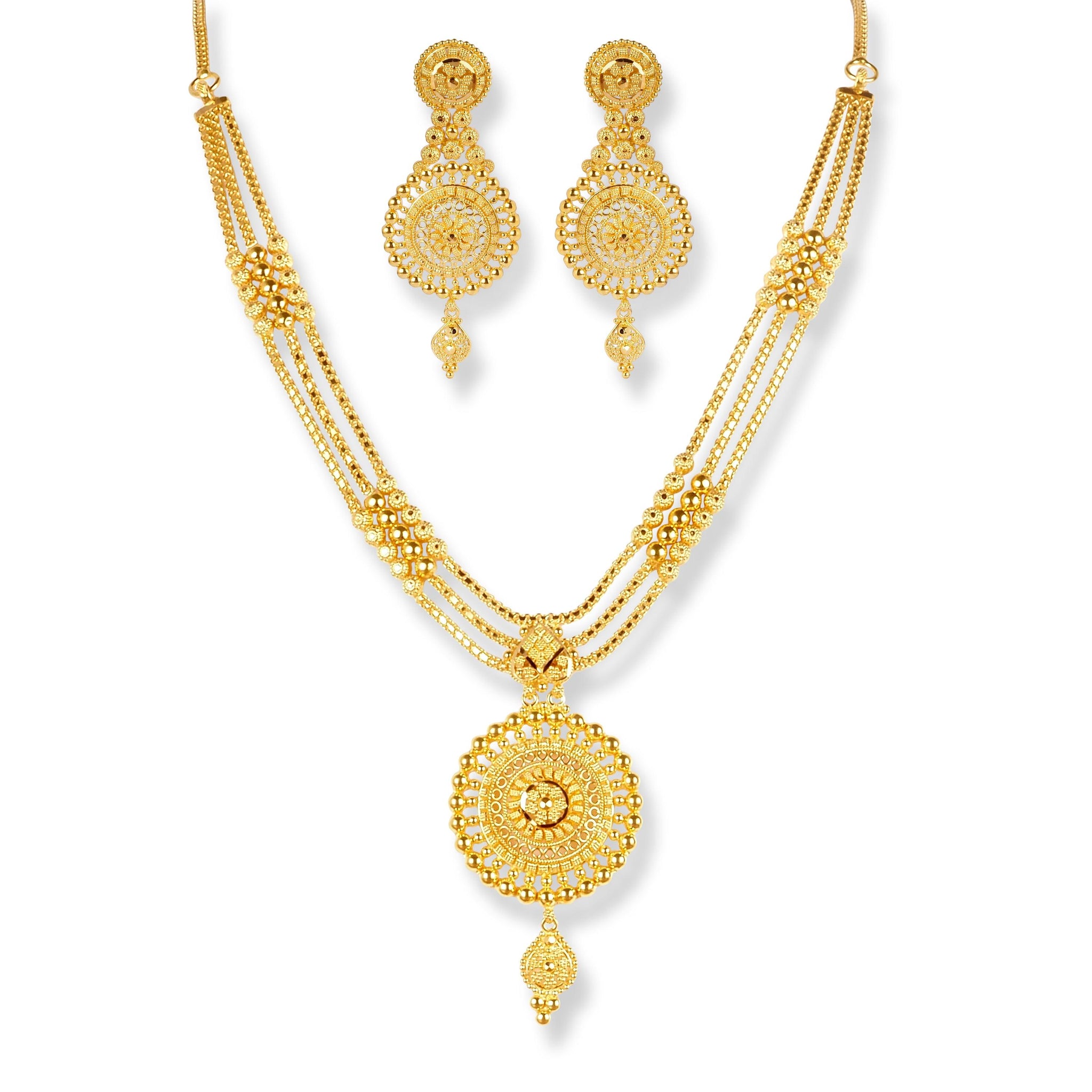 22ct Gold Three Row Necklace Set With Beaded Design - N7927