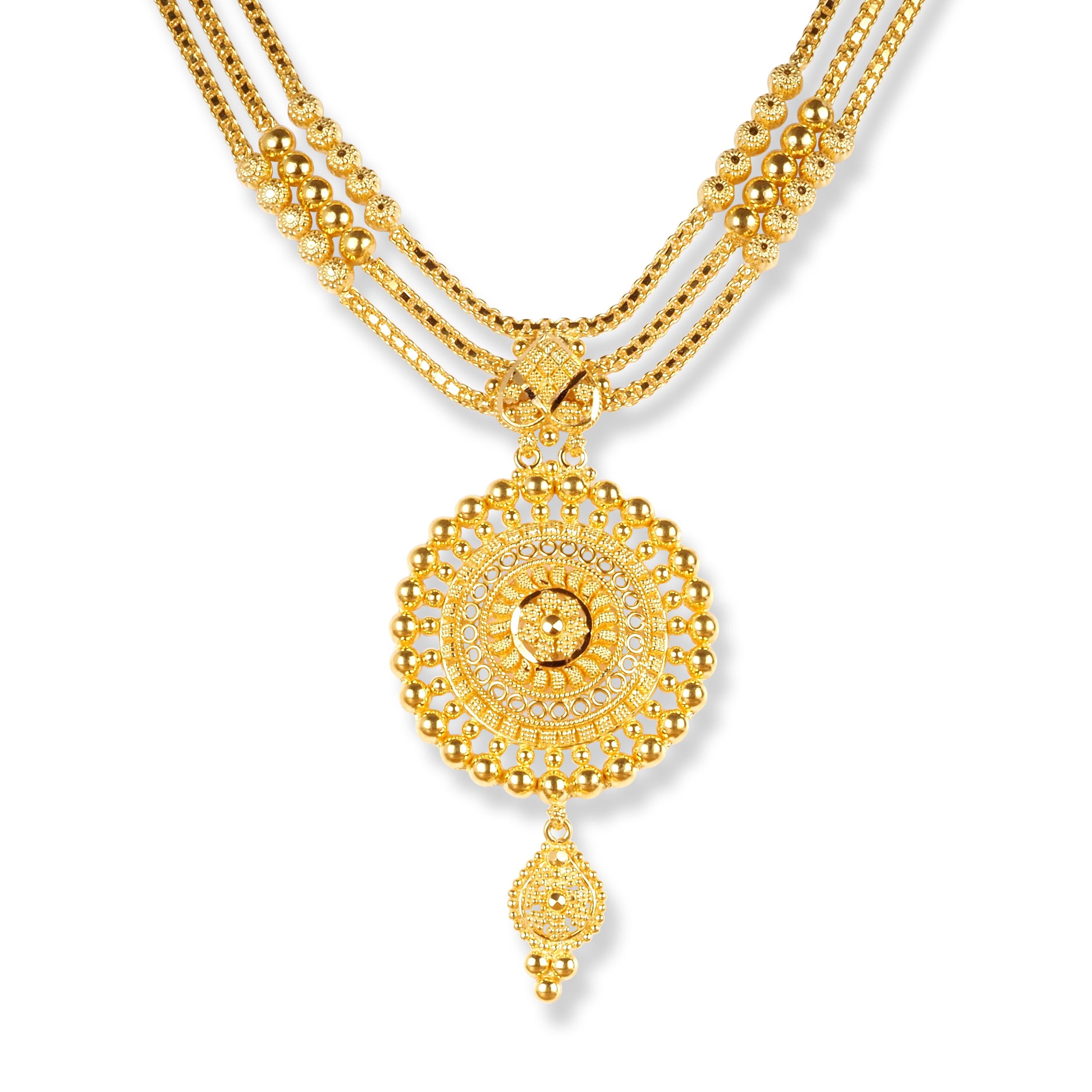 22ct Gold Three Row Necklace Set With Beaded Design - N7927 - Minar Jewellers