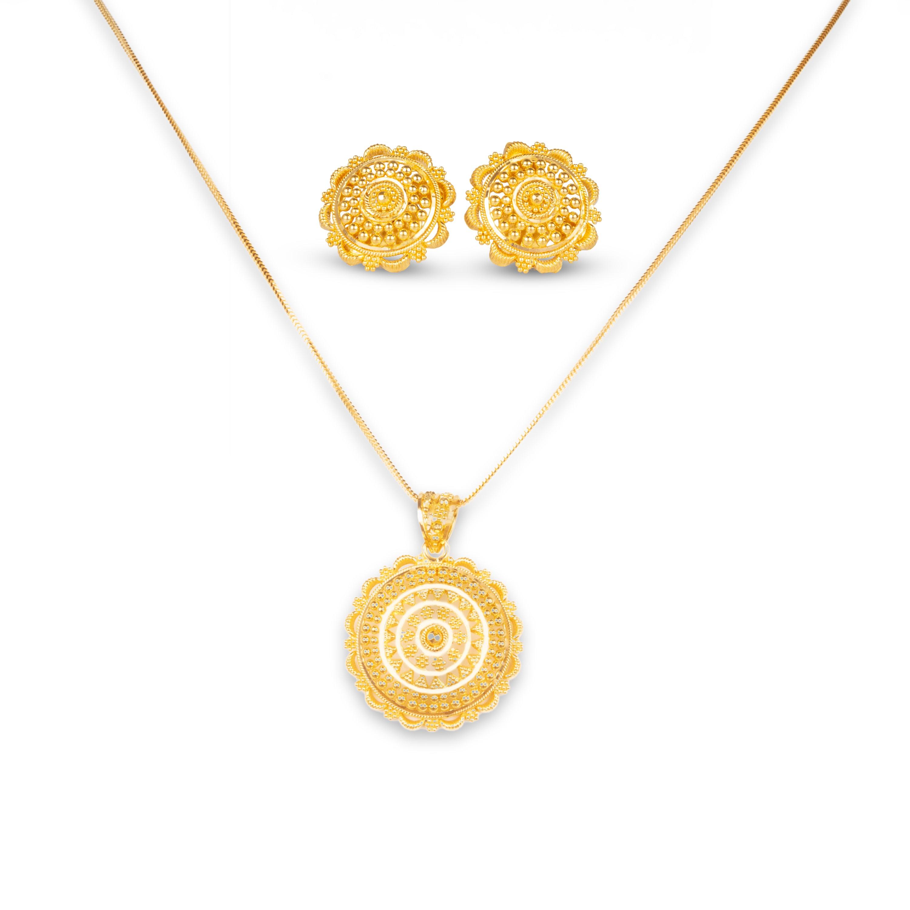 22ct Gold Set with Filigree Work (Pendant + Chain + Stud Earrings) (13.5g)-7936 - Minar Jewellers